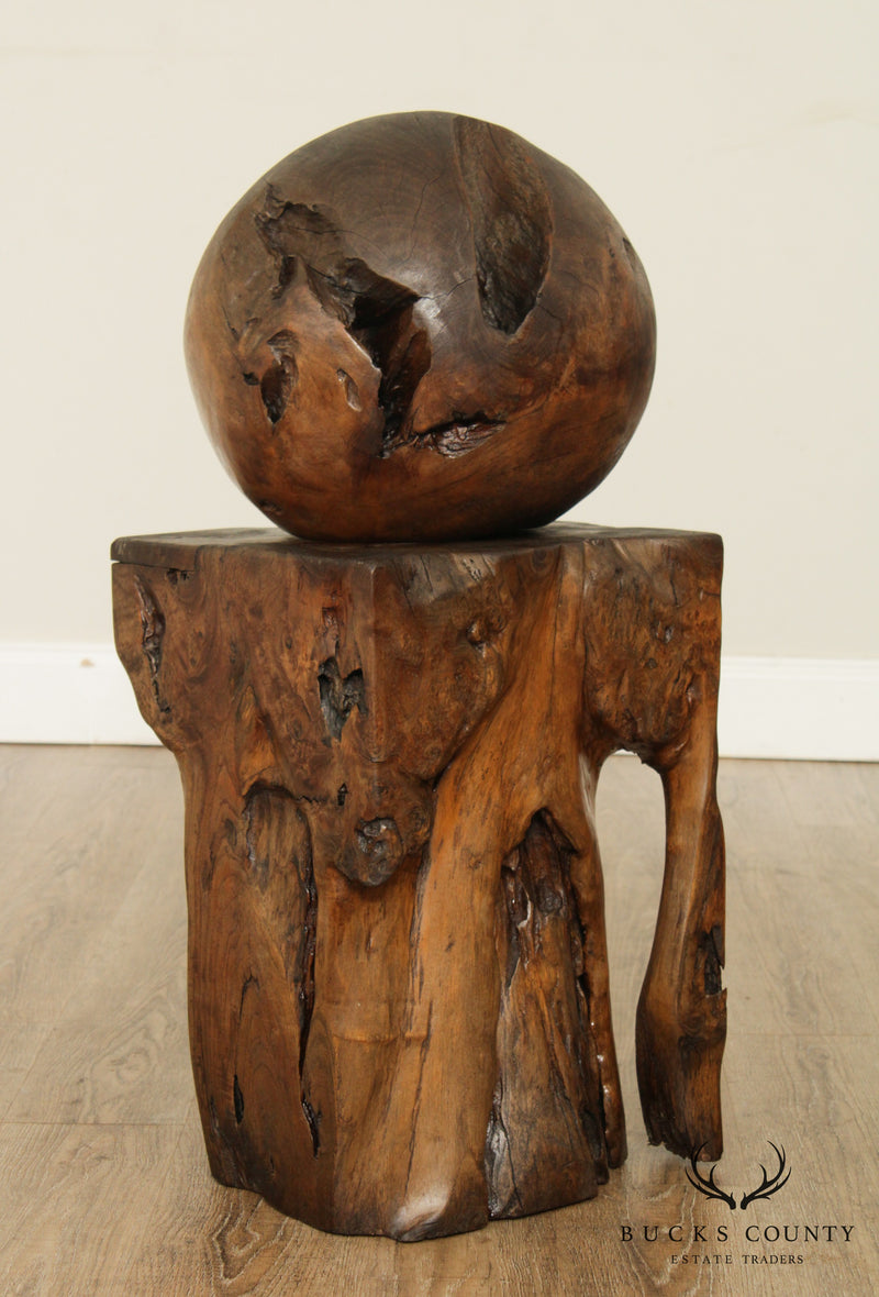 Mid Century Vintage Teak Wood Ball Sculpture on Root Pedestal