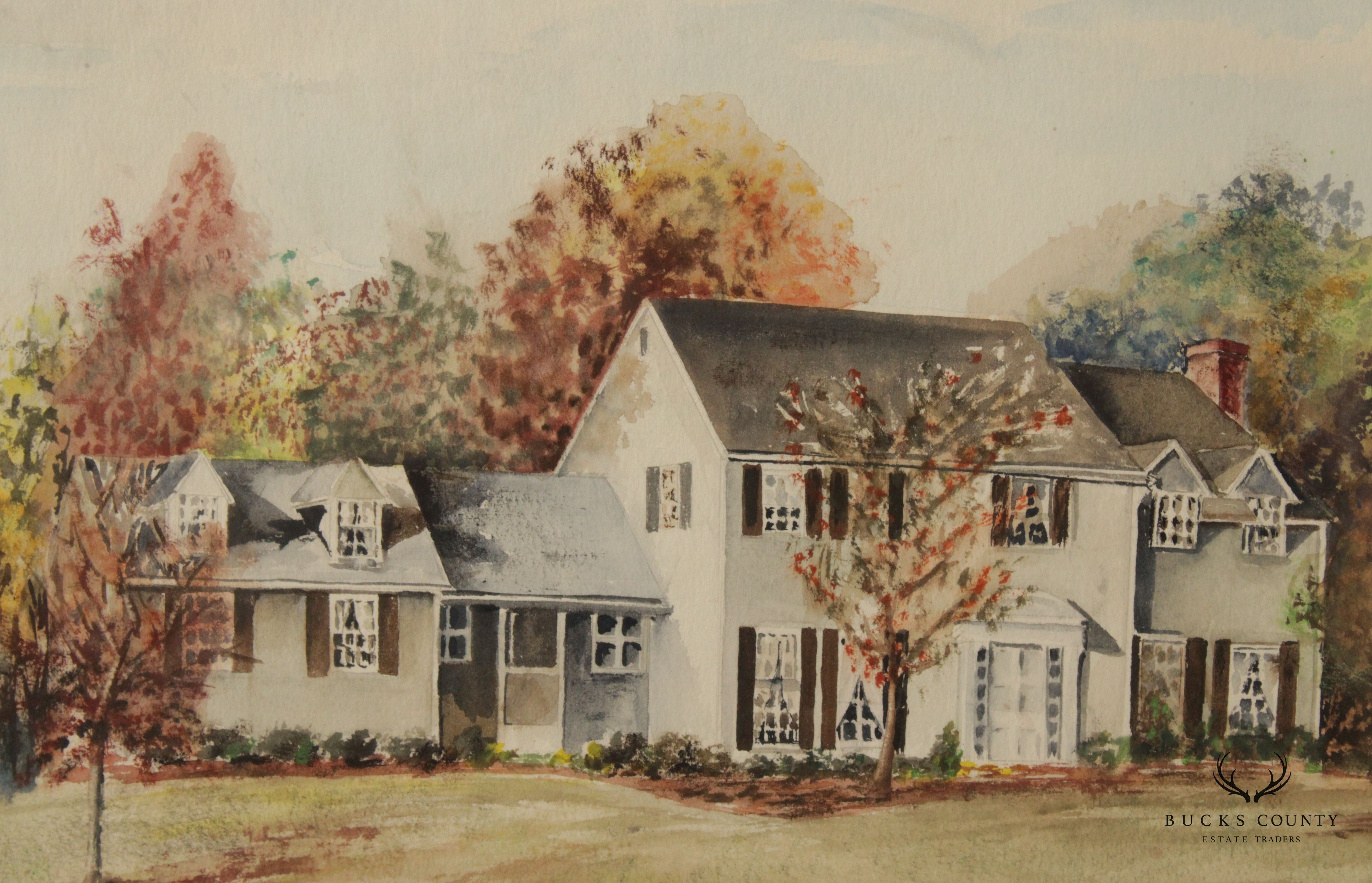 Vintage 20th C. New England House in Autumn Original Watercolor, Signed