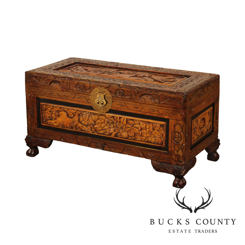 Vintage Asian Carved Wood Marriage Chest