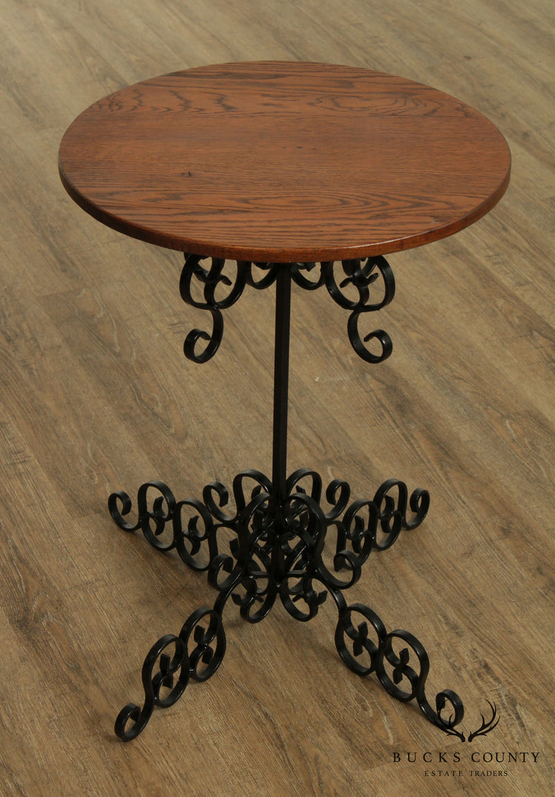 Vintage Scrolled Wrought Iron Round Oak Top Pedestal Side Table