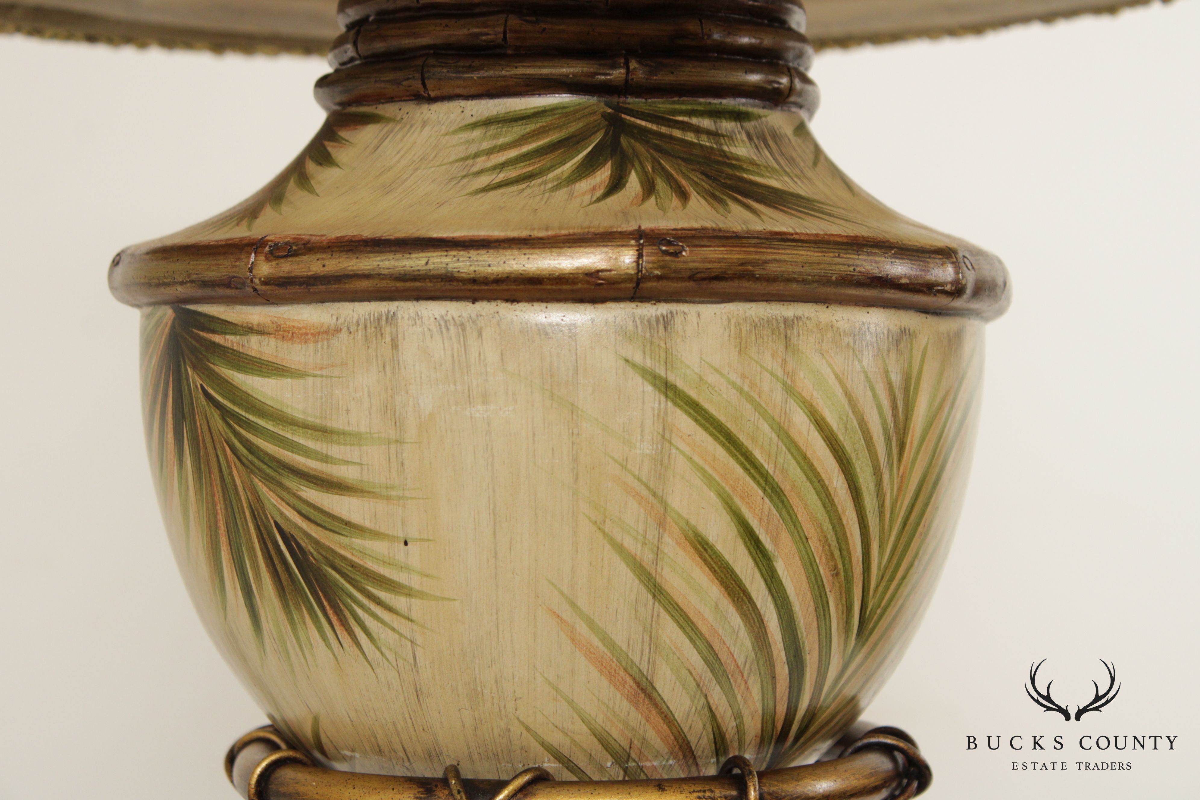 Vintage Tropical Palm Table Lamp with Silk Shade