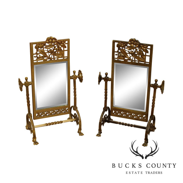 Aesthetic Movement Antique 1880's Victorian Brass Pair Cheval Beveled Vanity Mirrors