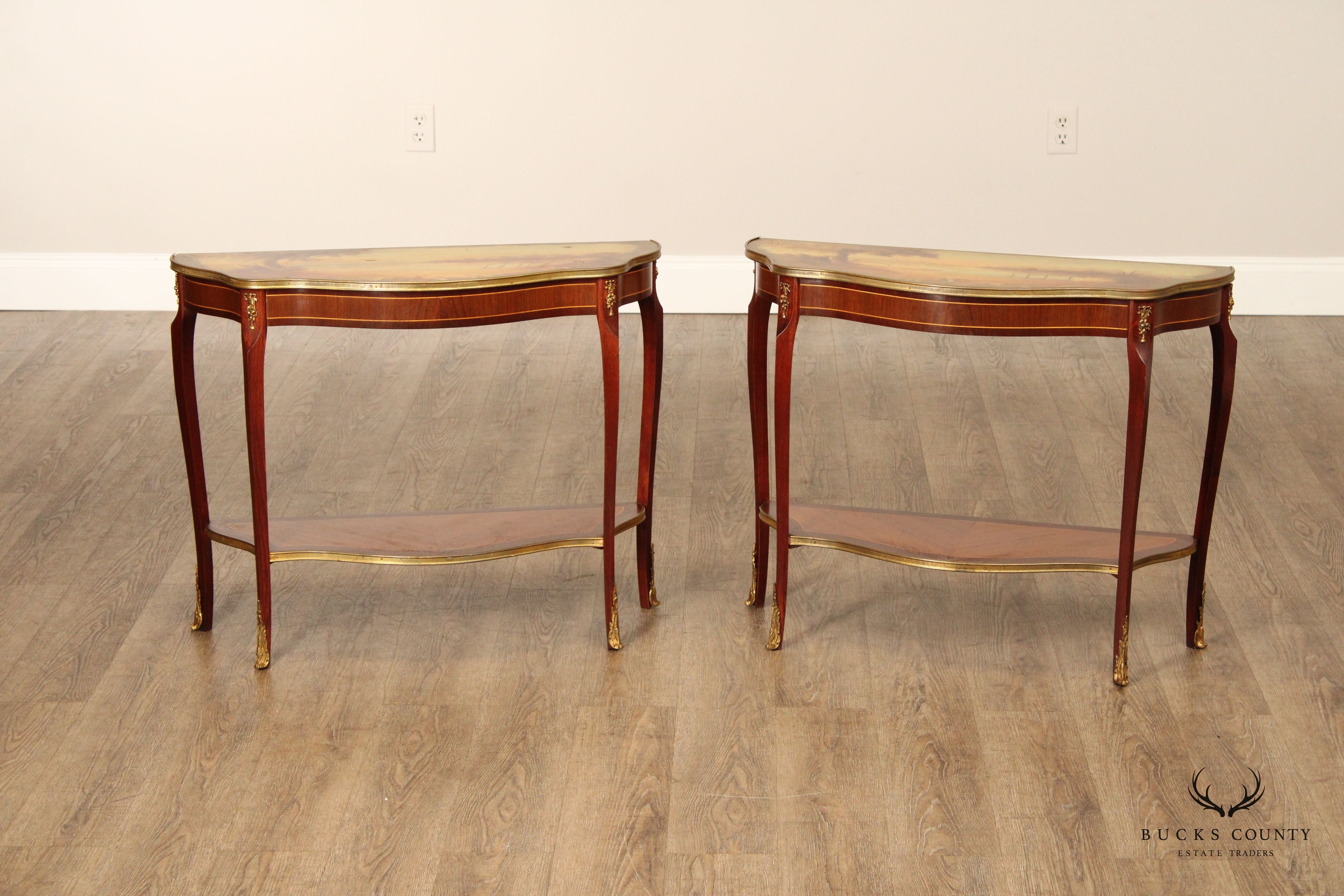 French Louis XV Style Vintage Pair Of Hand Painted Console Tables