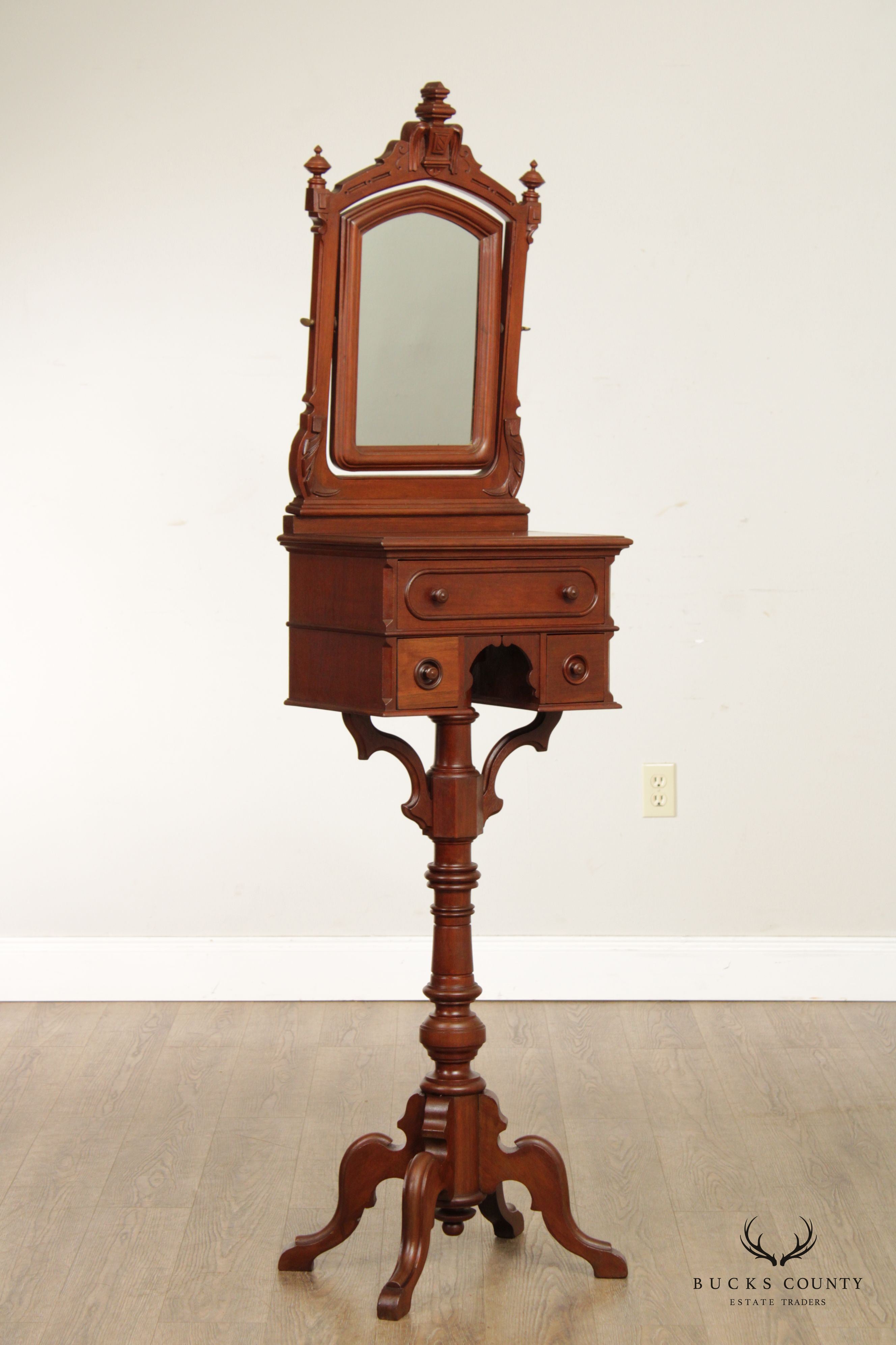 Antique 19th C. American Victorian Walnut Shaving Stand with Mirror