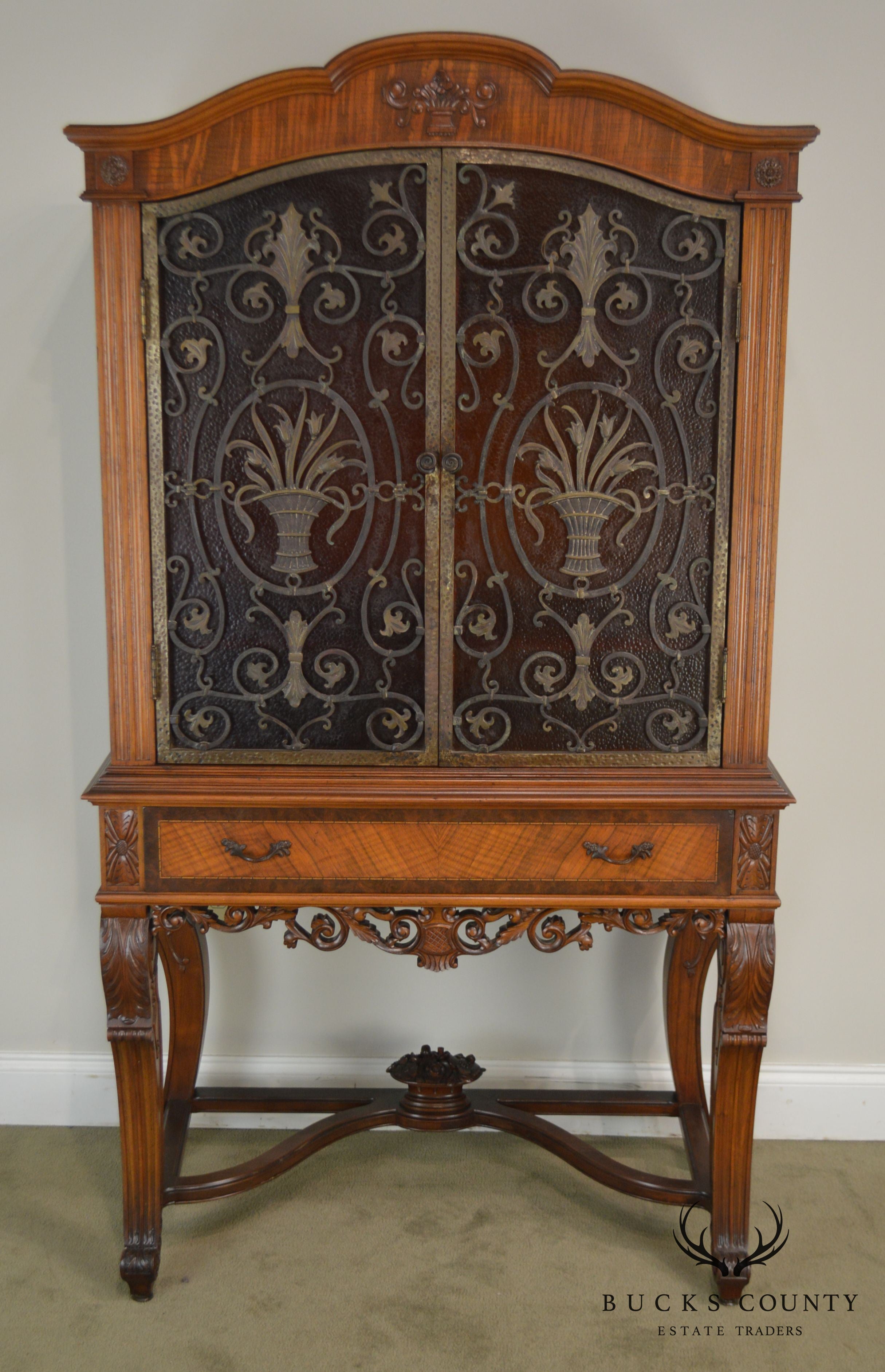 Renaissance Revival 1920's Carved Walnut Bar China Cabinet with Iron Doors