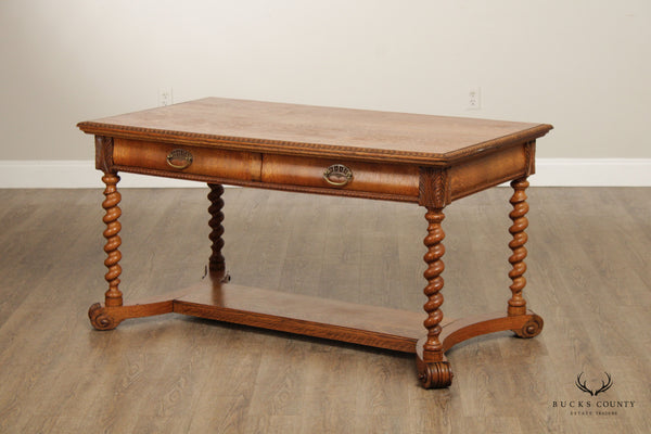 Antique Jacobean Style Carved Oak Barley Twist Library Table