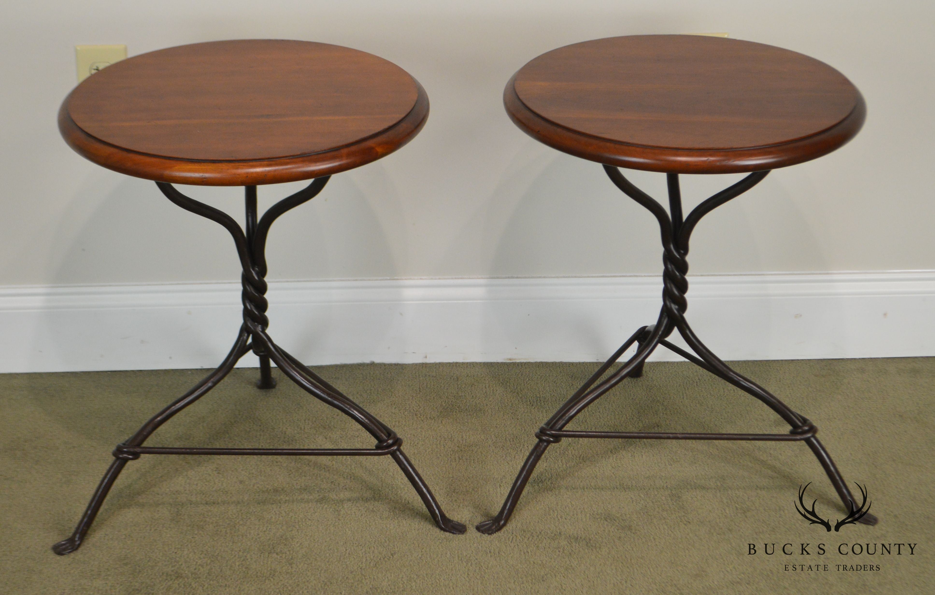 Charleston Forge Pair Twist Iron Base Round Cherry Top Side Tables