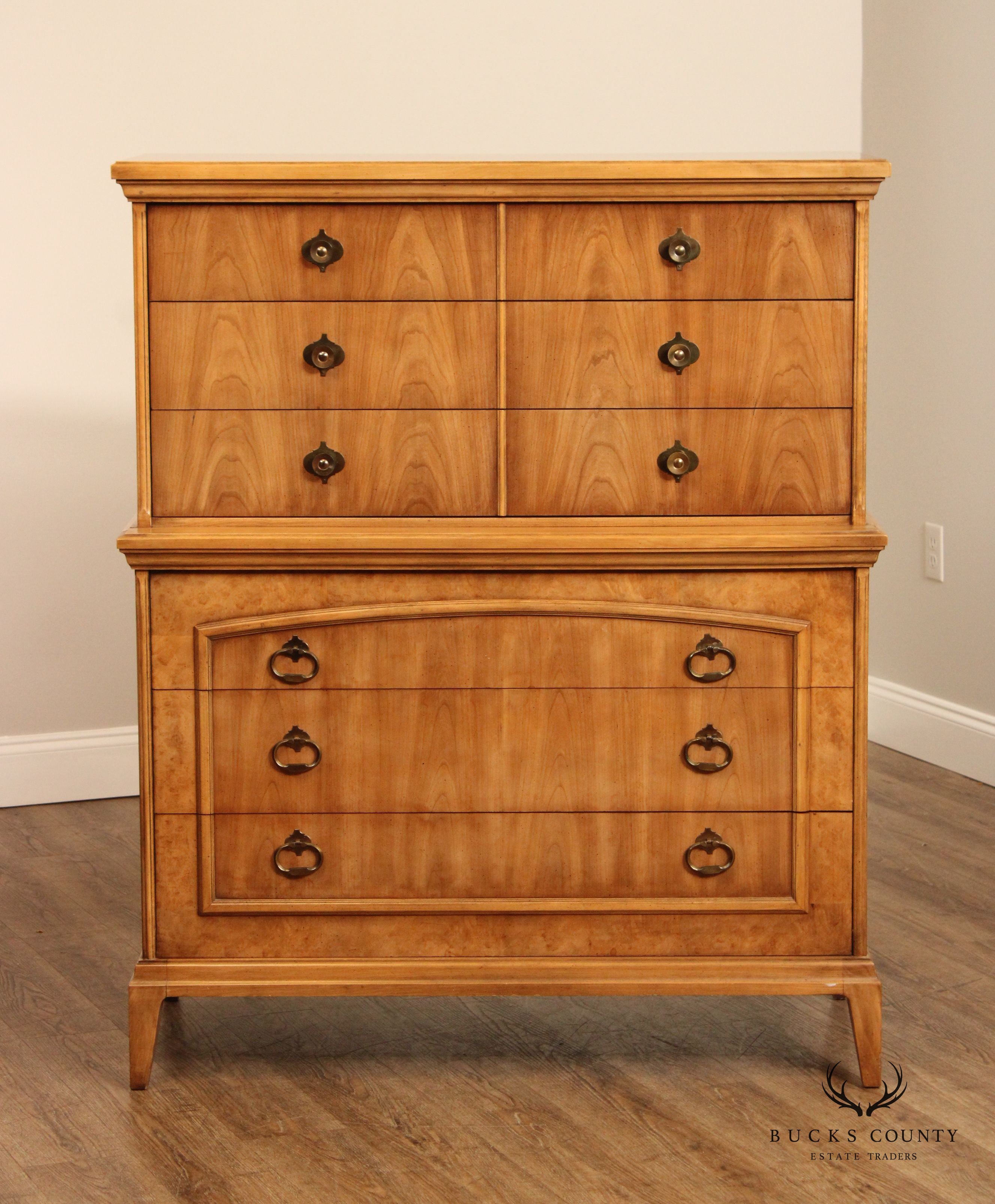 Thomasville Mid Century Modern Burlwood Chest on Chest