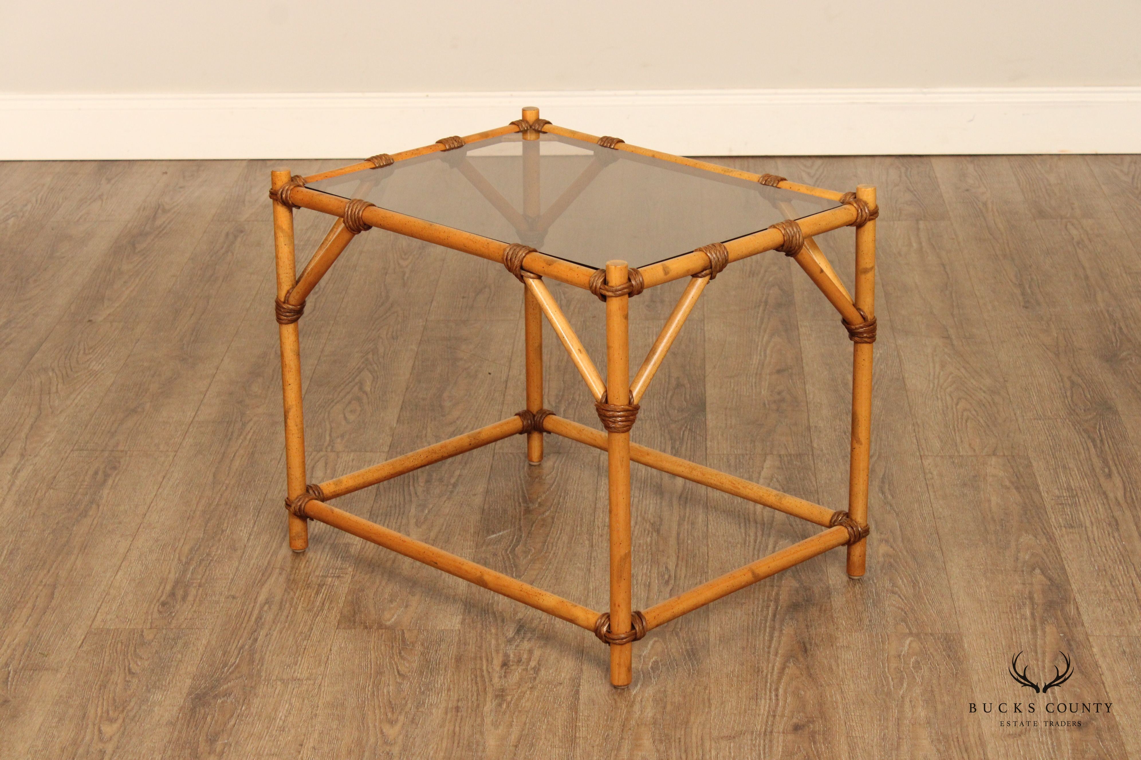 Vintage Faux Bamboo Glass Top Side Table