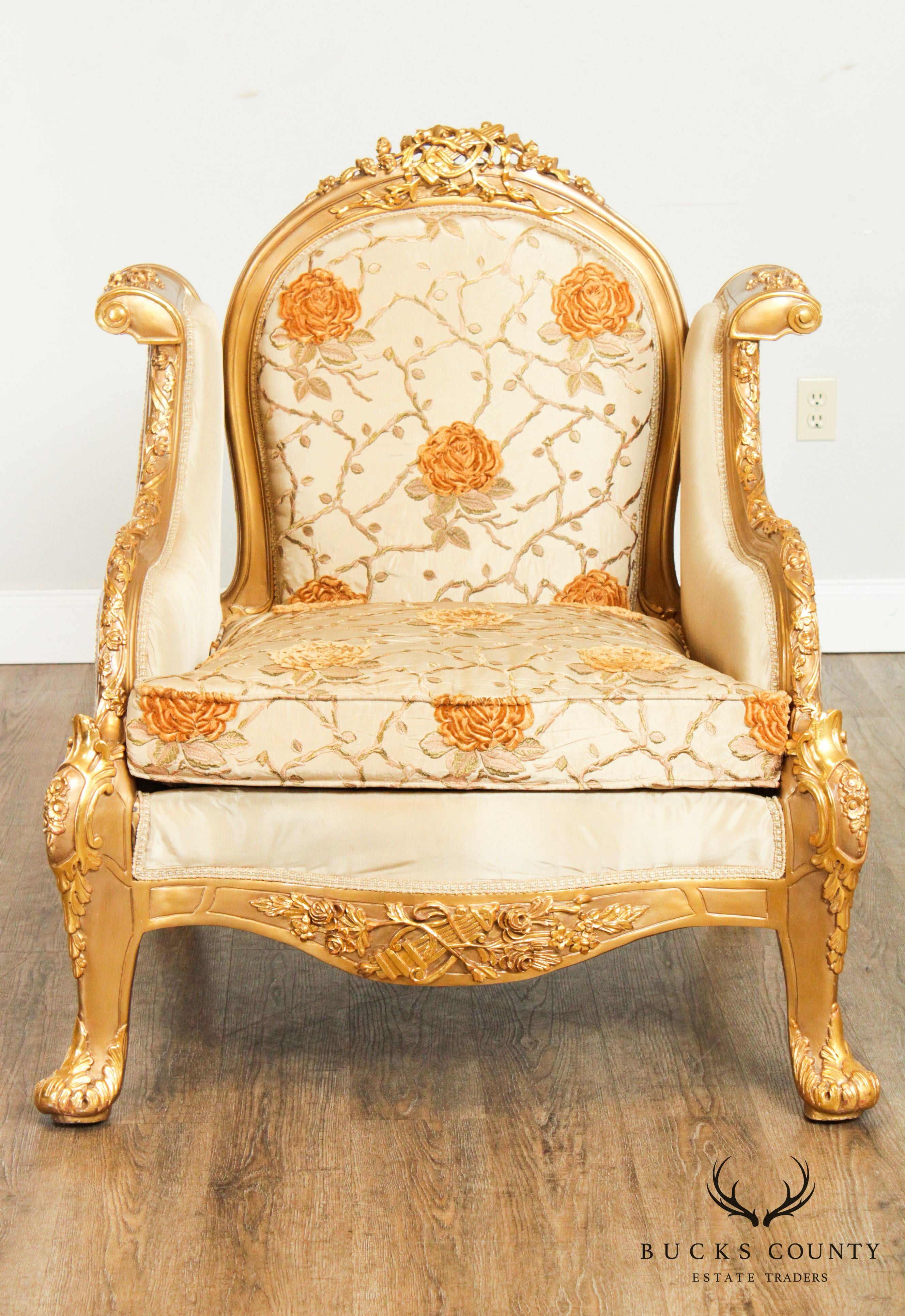 Quality Pair Giltwood Baroque Style Armchairs, Bergeres