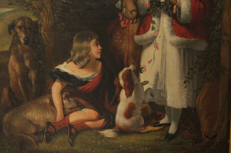 Antique 19th C. British School Portrait of Children with Animals Oil Painting