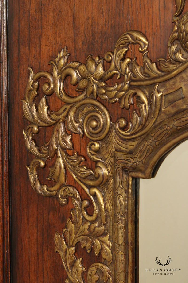 Spanish Rococo Style Monumental Oak and Brass Mirror