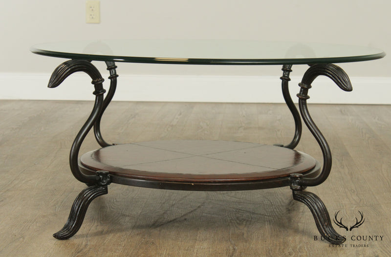 LaBarge Round Glass Top Wrought Iron Table, Leather Tier