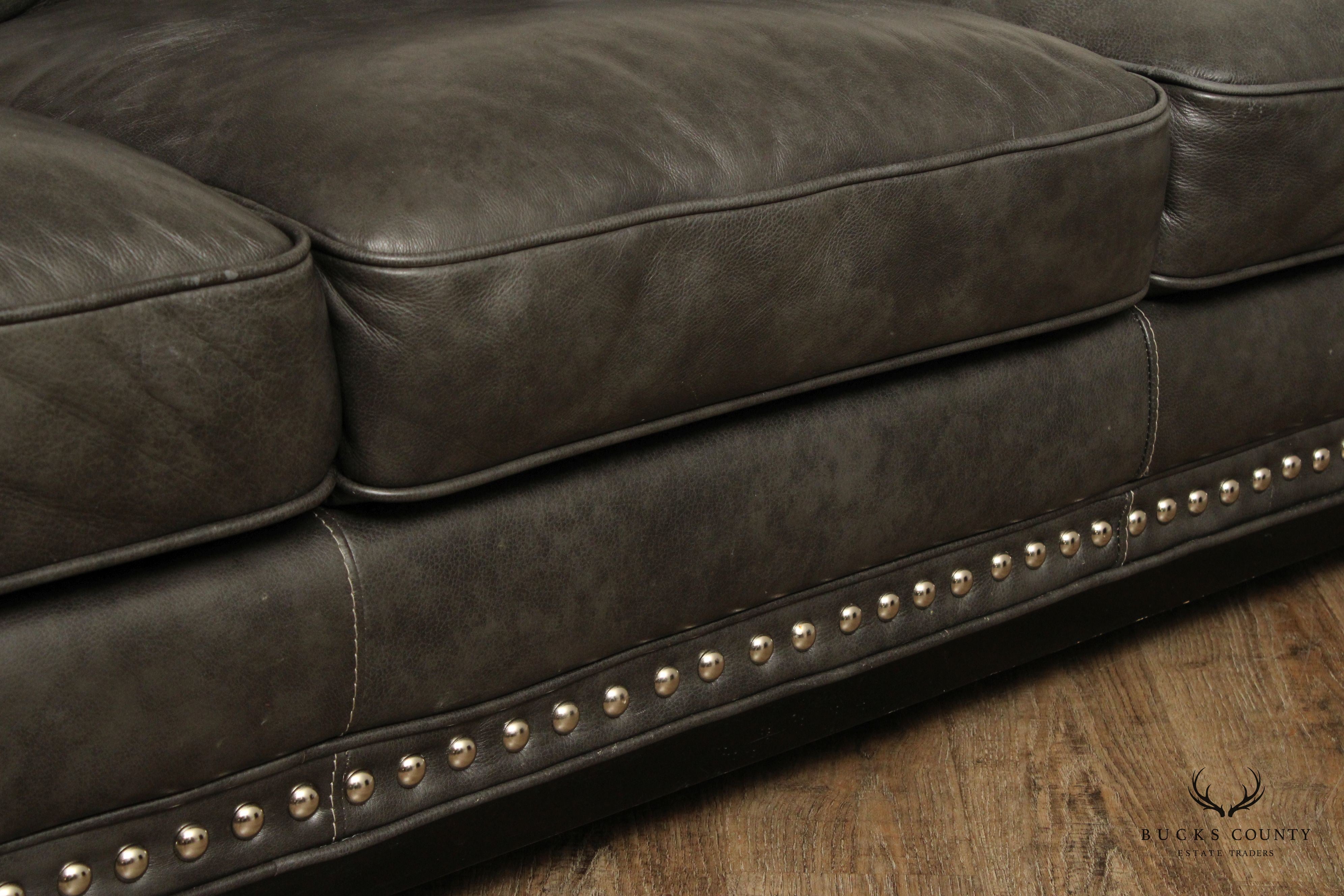 Quality Grey Leather Three Seat Nailhead Sofa