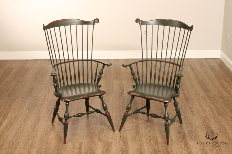 Vintage Pair Green Painted Windsor Comb-Back Armchairs