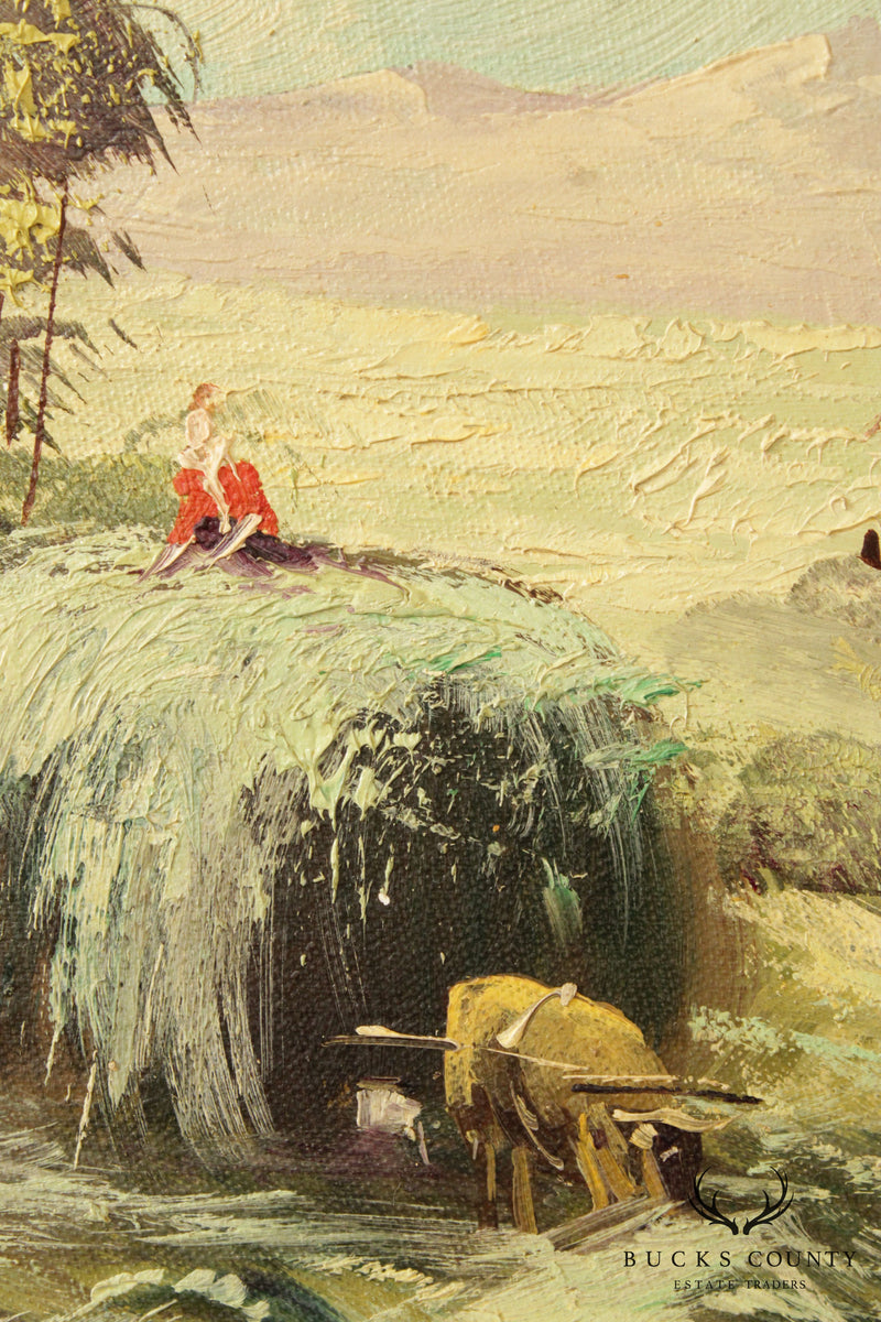 Vintage European Haystack Farm Landscape Painting