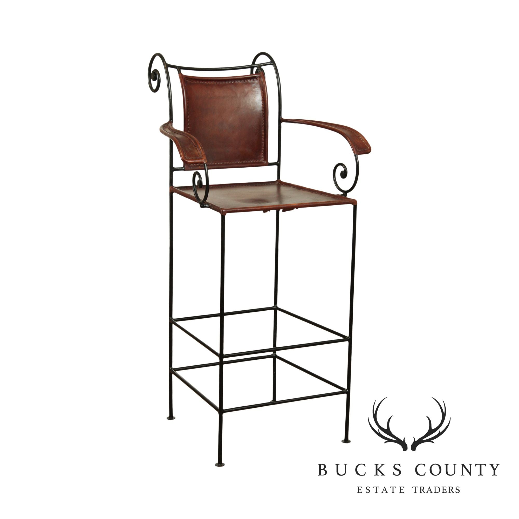 William Sheppee Scollwork Iron and Leather Barstool