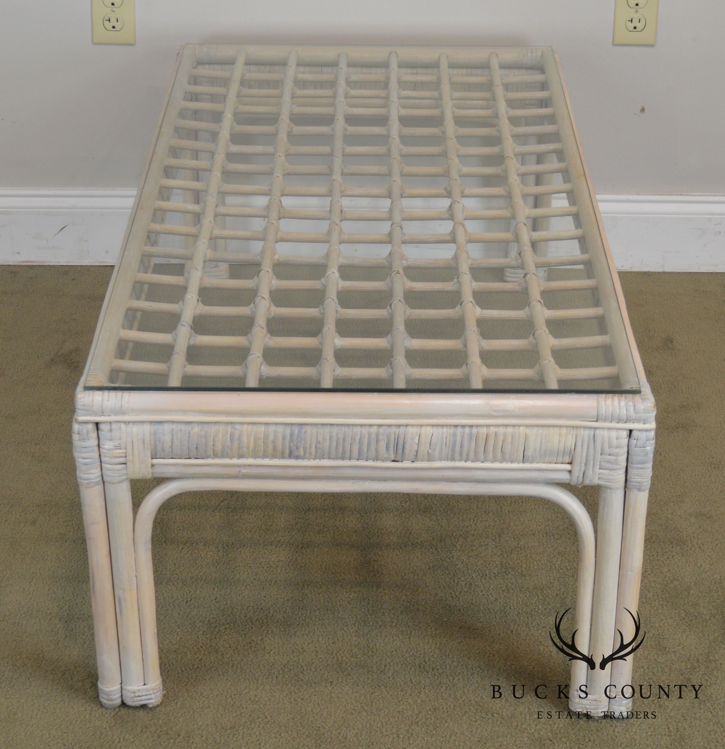 Vintage White Wash Rattan Glass Top Coffee Table