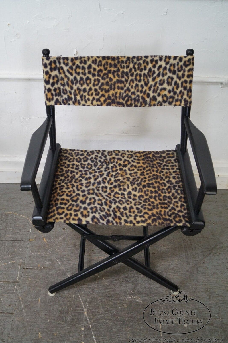 Mid Century Pair of Leopard Print Ebonized Folding Directors Chairs by Telescope