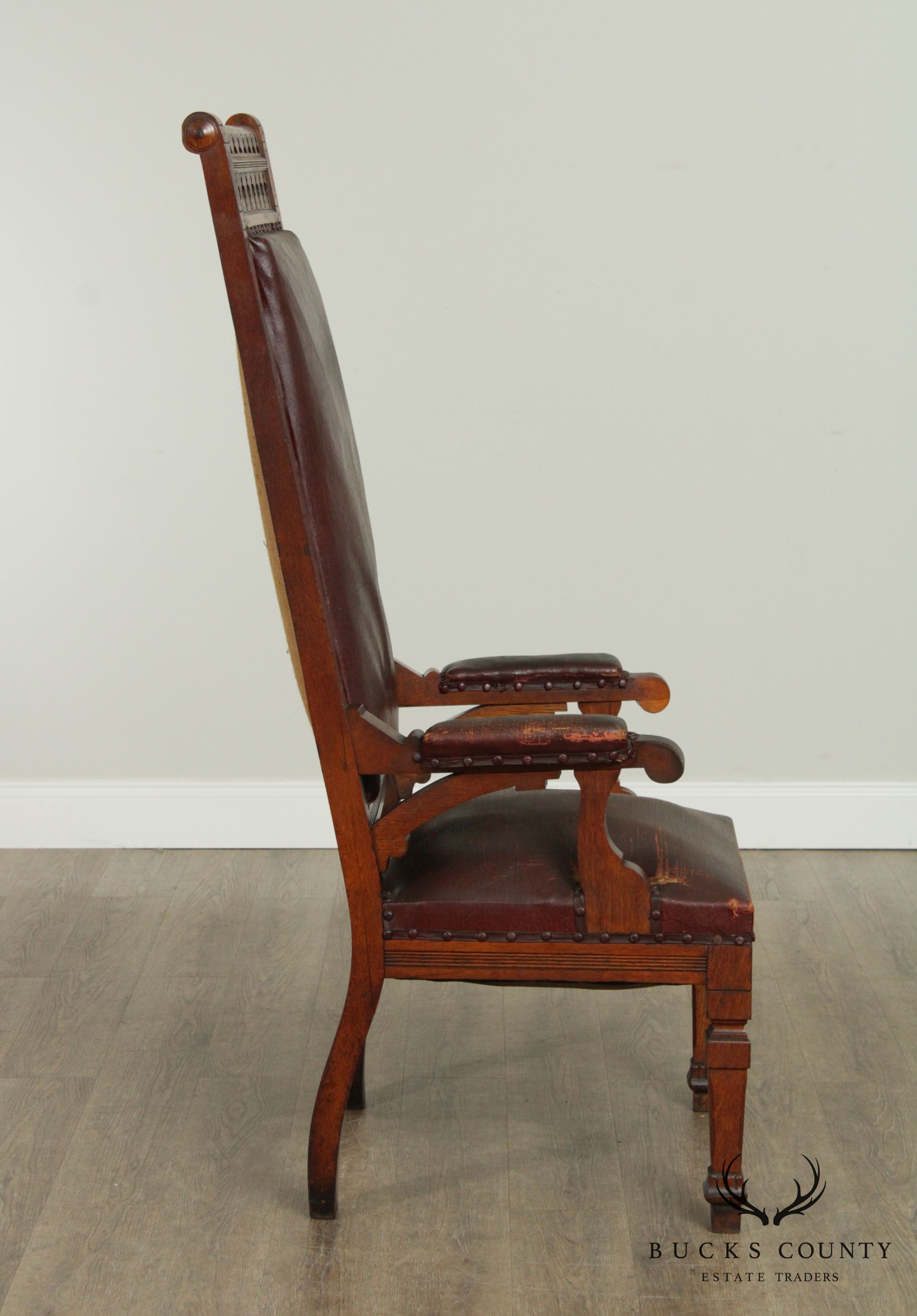 Antique Victorian Oak Pair High Back Masonic Armchairs