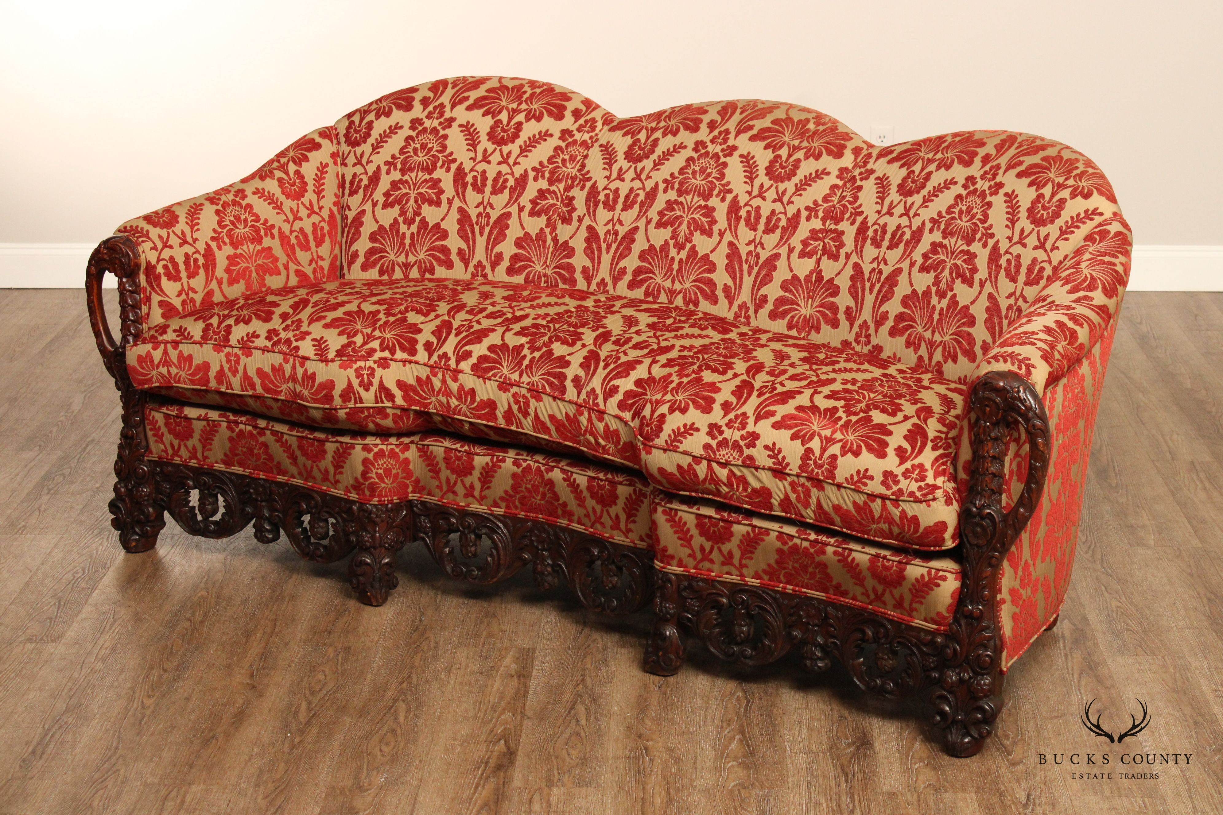 Renaissance Revival Ornate Carved and Custom Upholstered Sofa