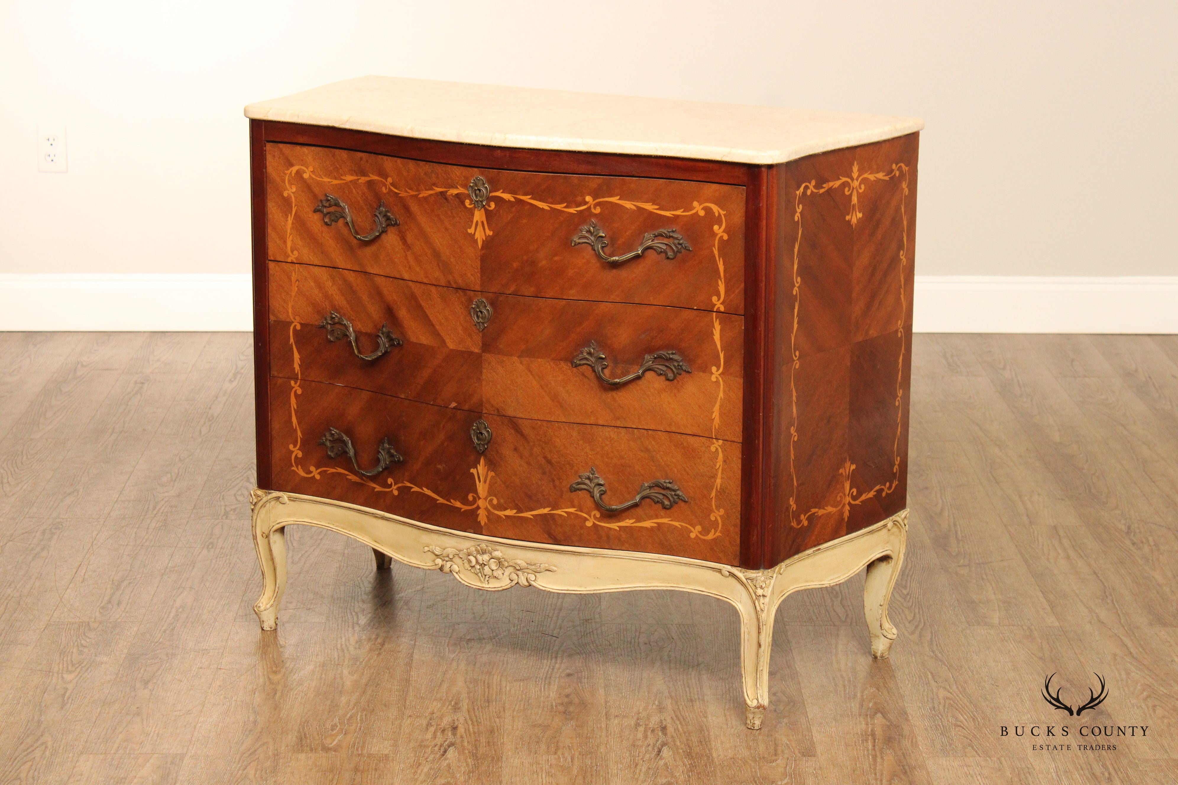 1920's French Marquetry Inlaid Marble Top Chest of Drawers