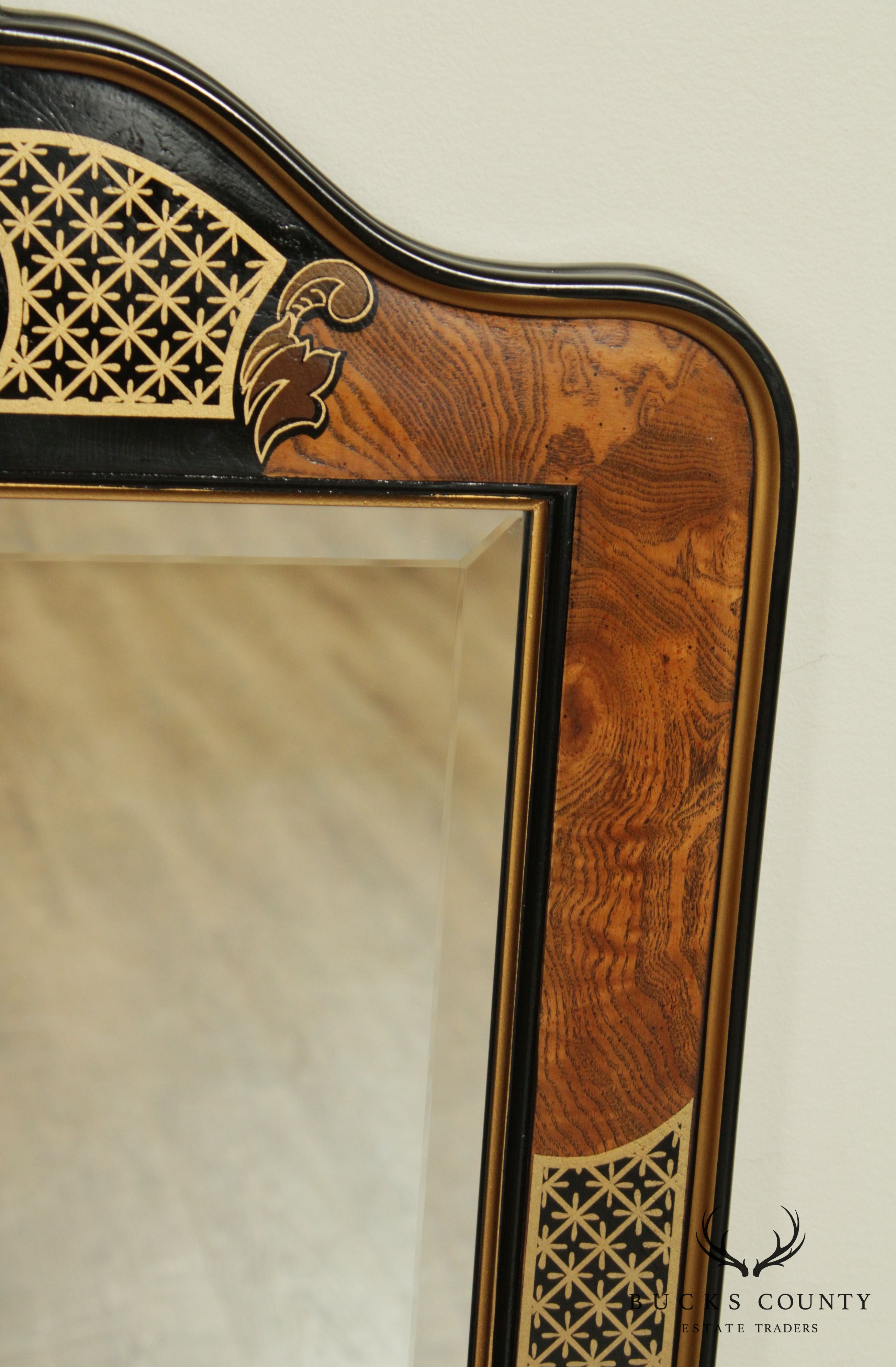 Drexel ET Cetera Burl Wood, Chinoiserie Painted Beveled Wall Mirror