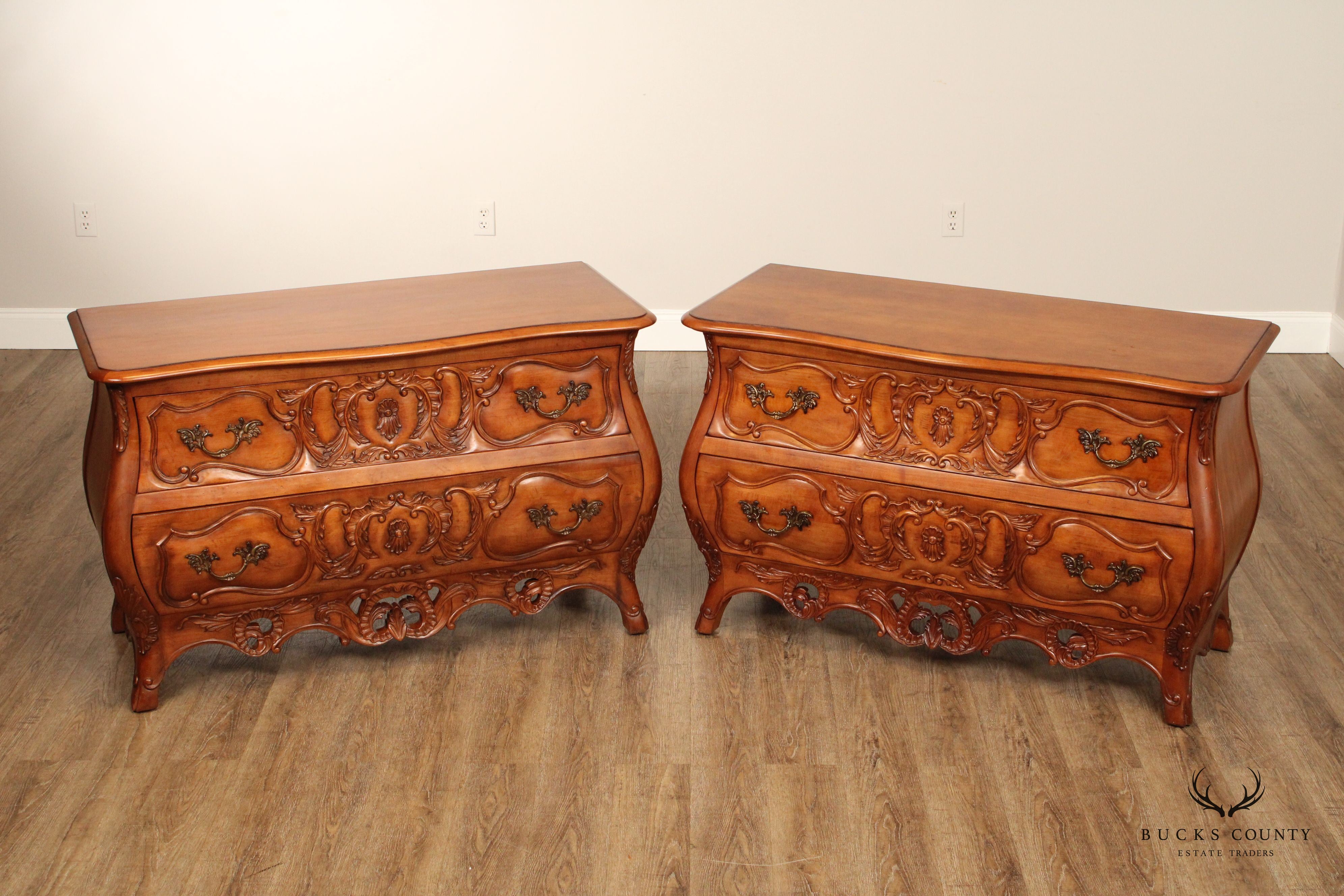 Century Furniture 'Coeur de France' Pair of Carved Cherry Bombe Chests