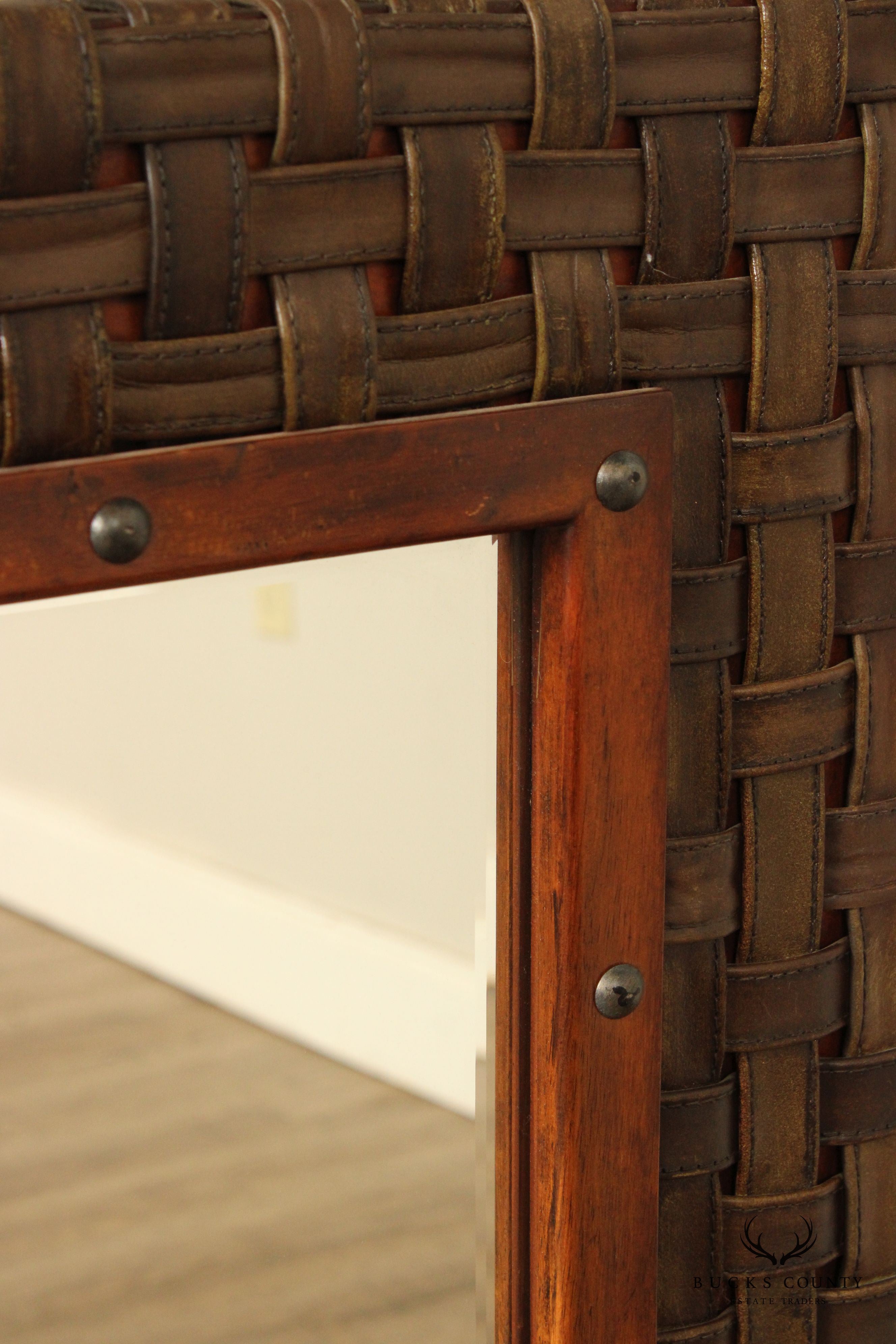 Woven Leather and Wood Frame Mantel Mirror