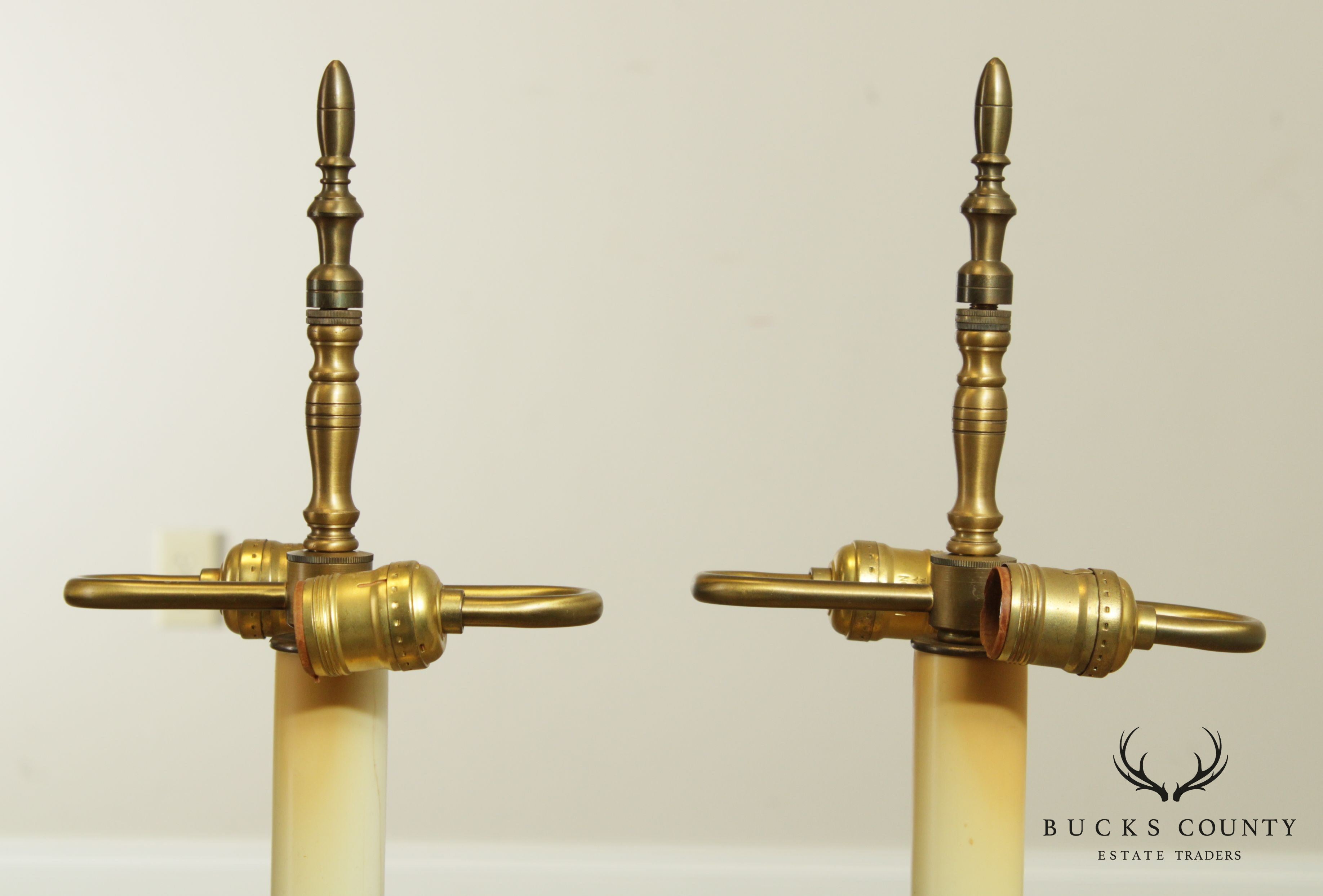 Stiffel Neo-Classical Style Pair Ivory Lacquered And Brass Column Table Lamps