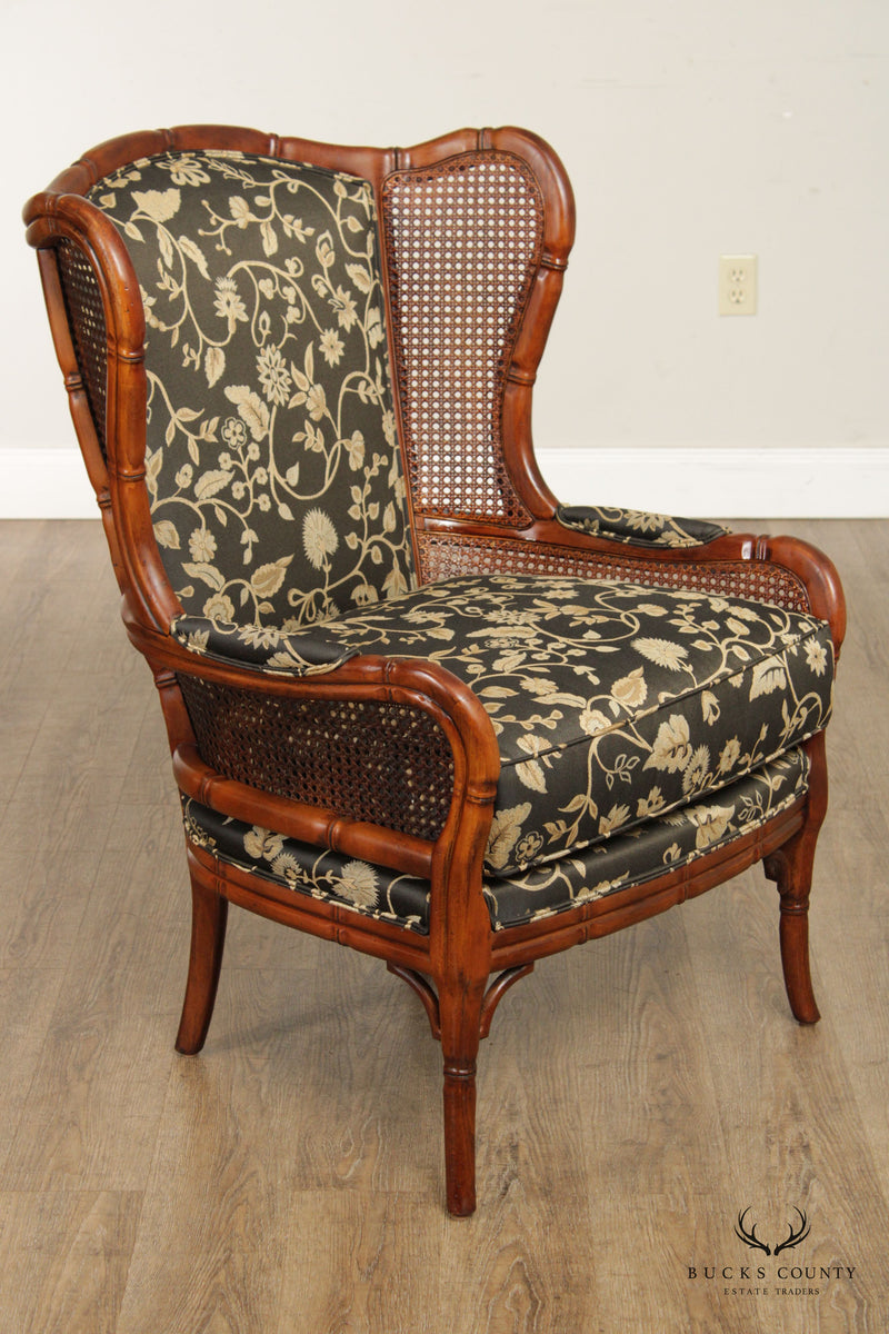 Ethan Allen Pair Faux Bamboo Carved Wingback Armchairs