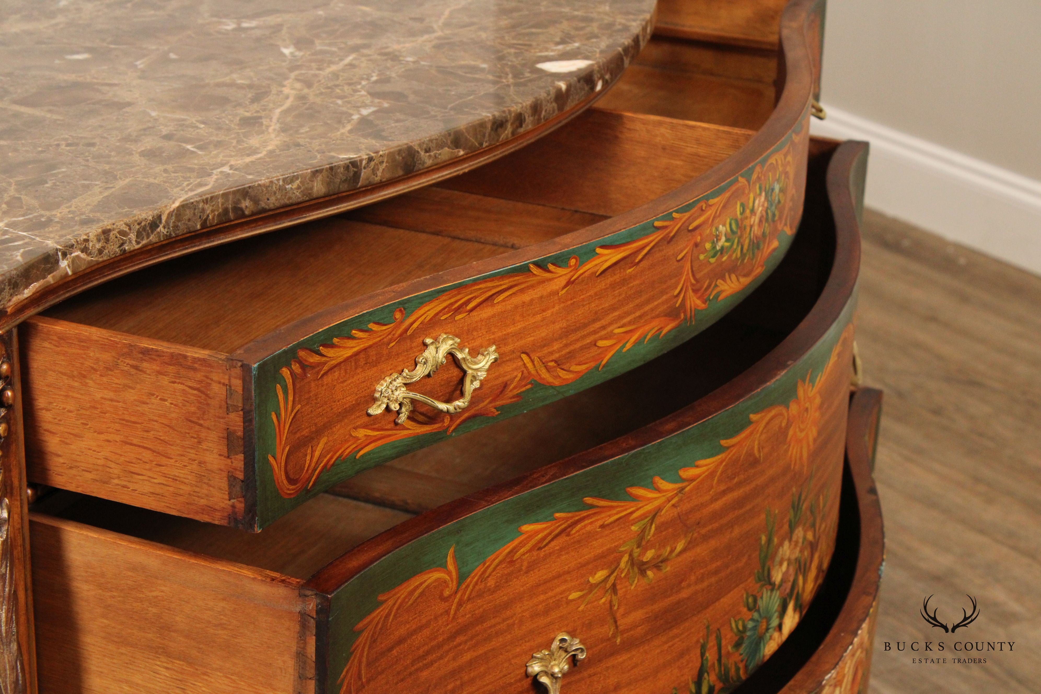 French Louis XV Style Paint Decorated Marble Top Commode