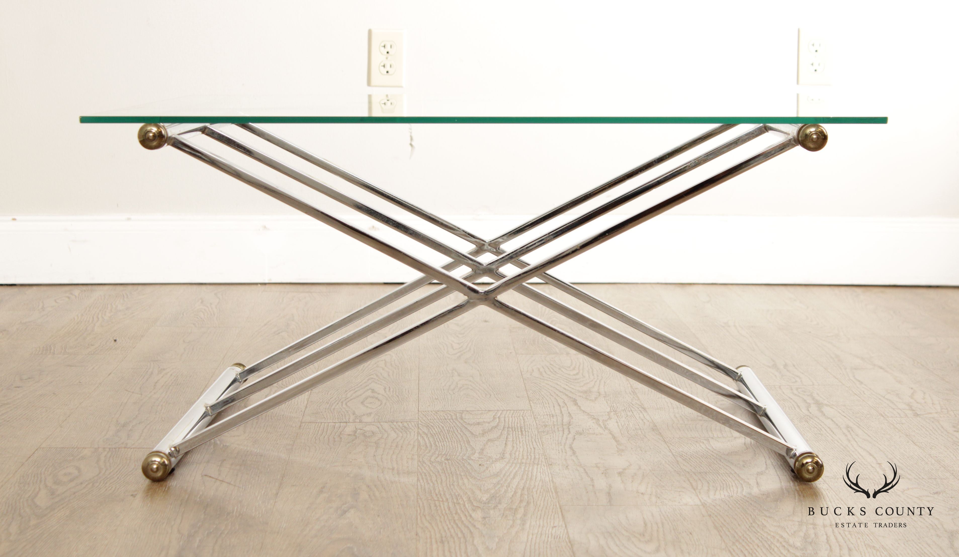 Contemporary Glass Top Chrome X-Base Cocktail Table