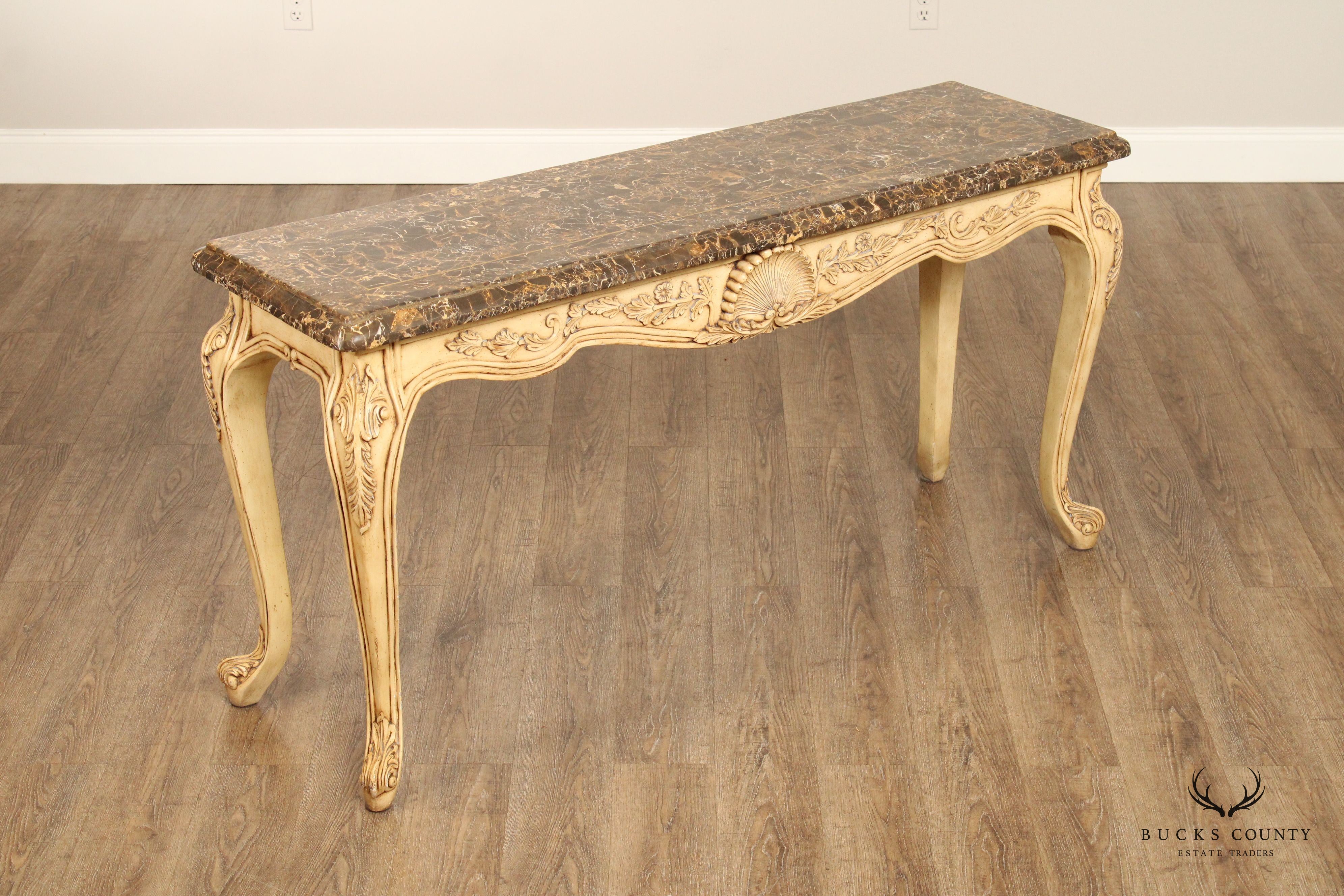 Rococo Style Carved Painted Console Table with Tessellated Marble Top