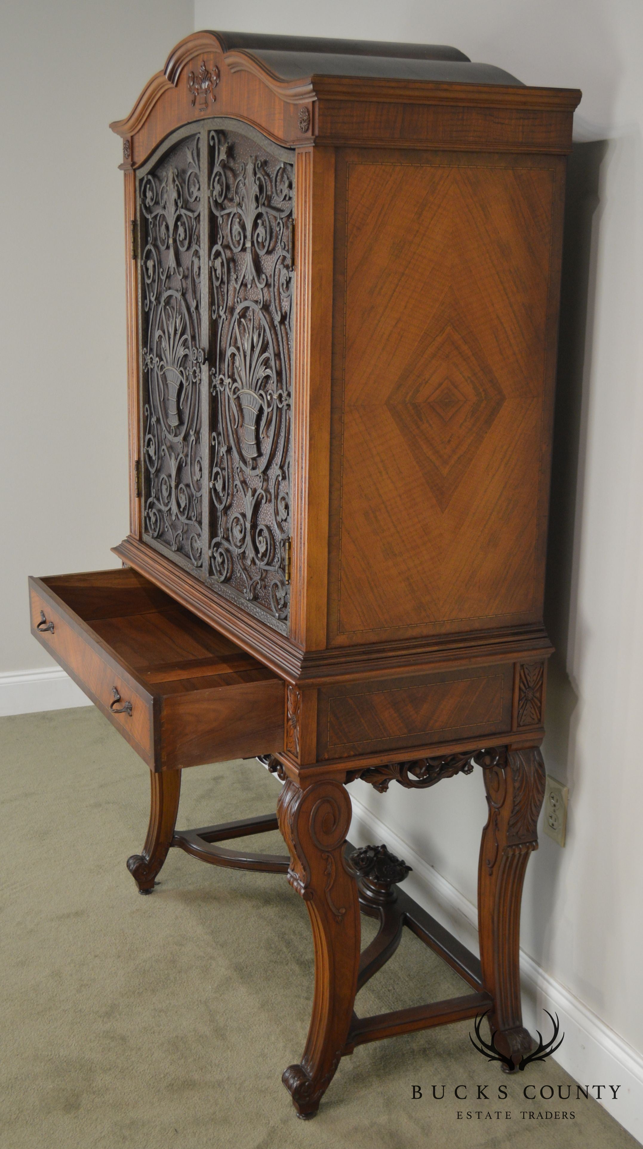 Renaissance Revival 1920's Carved Walnut Bar China Cabinet with Iron Doors