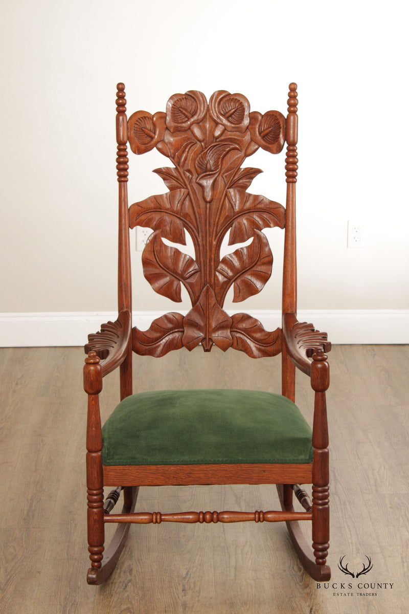 Art Nouveau Antique Peace Lily Carved Oak Rocking Chair