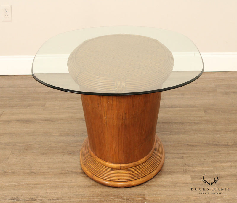 Rattan Pedestal Base Glass Top Oblong Coffee Table