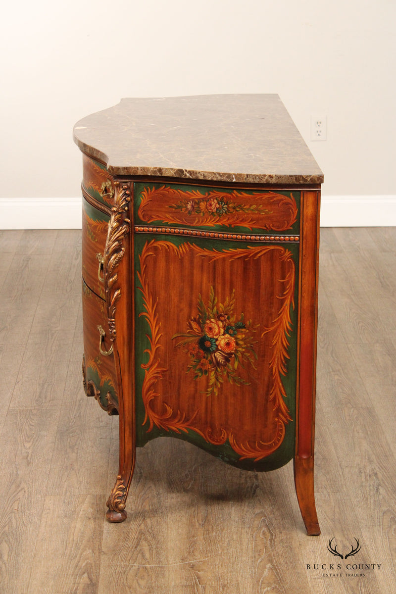 French Louis XV Style Paint Decorated Marble Top Commode