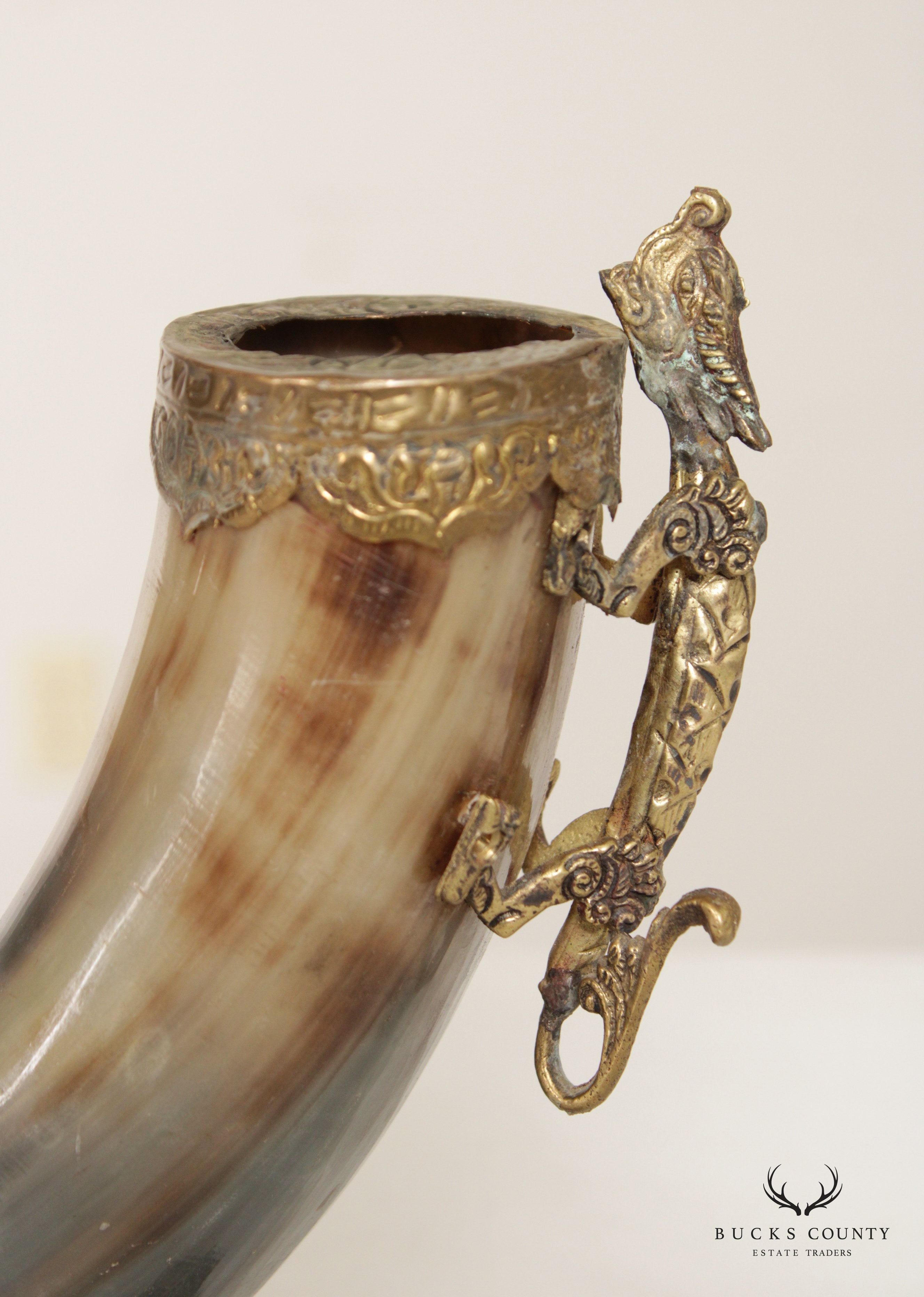 Antique Brass Dragon Mounted Drinking Horn