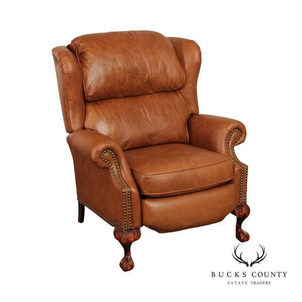 Barcalounger Traditional Chippendale Style Brown Leather Wingback Lounge Recliner