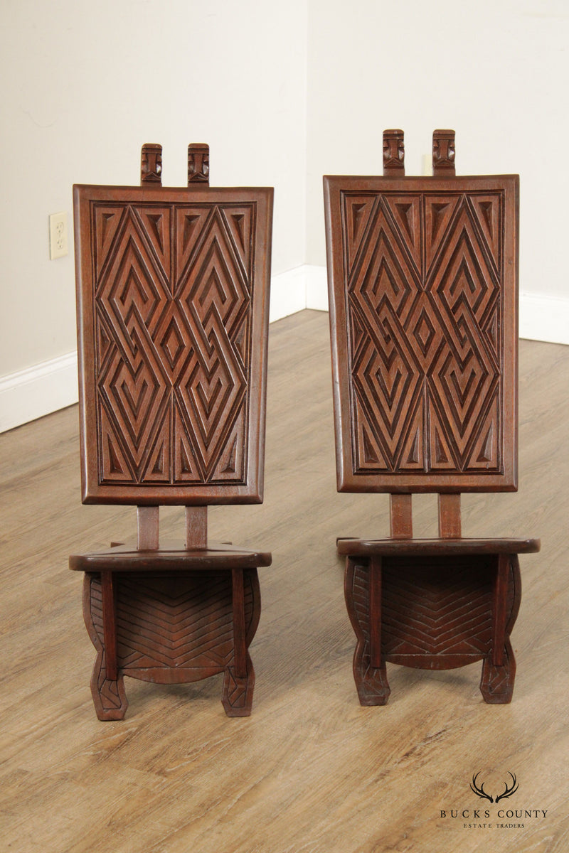 African Traditional Ceremonial Pair Mahogany Carved Folding Chairs