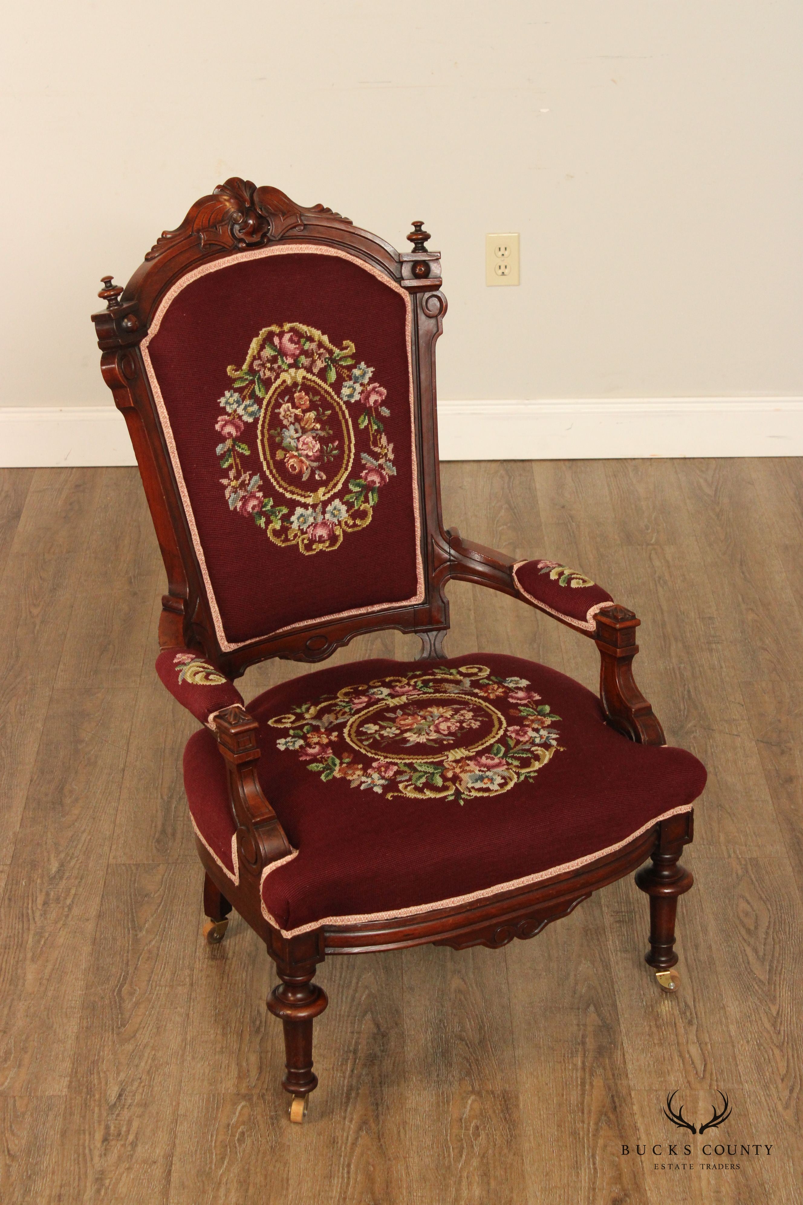 Antique Renaissance Revival Carved Walnut Armchair