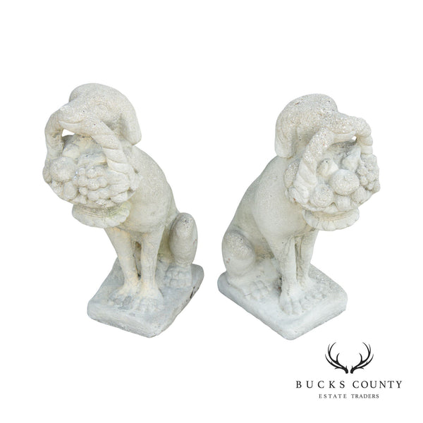 Vintage Pair Cast Stone Garden Statues Of Dogs Holding Baskets