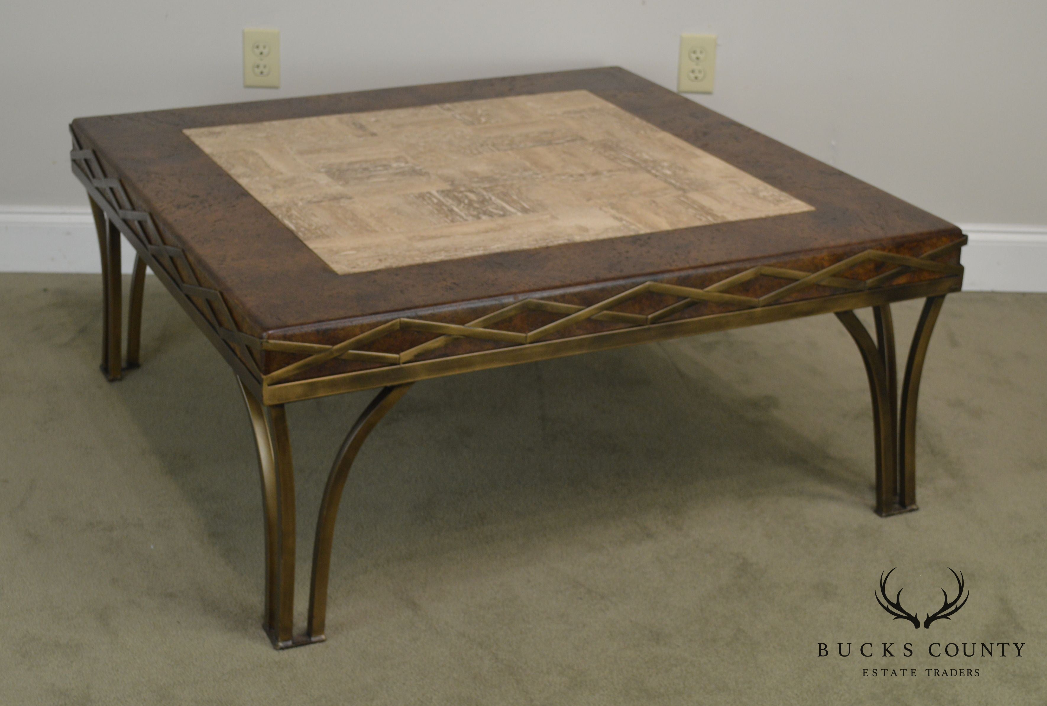 Iron Square Coffee Table with Cork & Tessellated Travertine Top