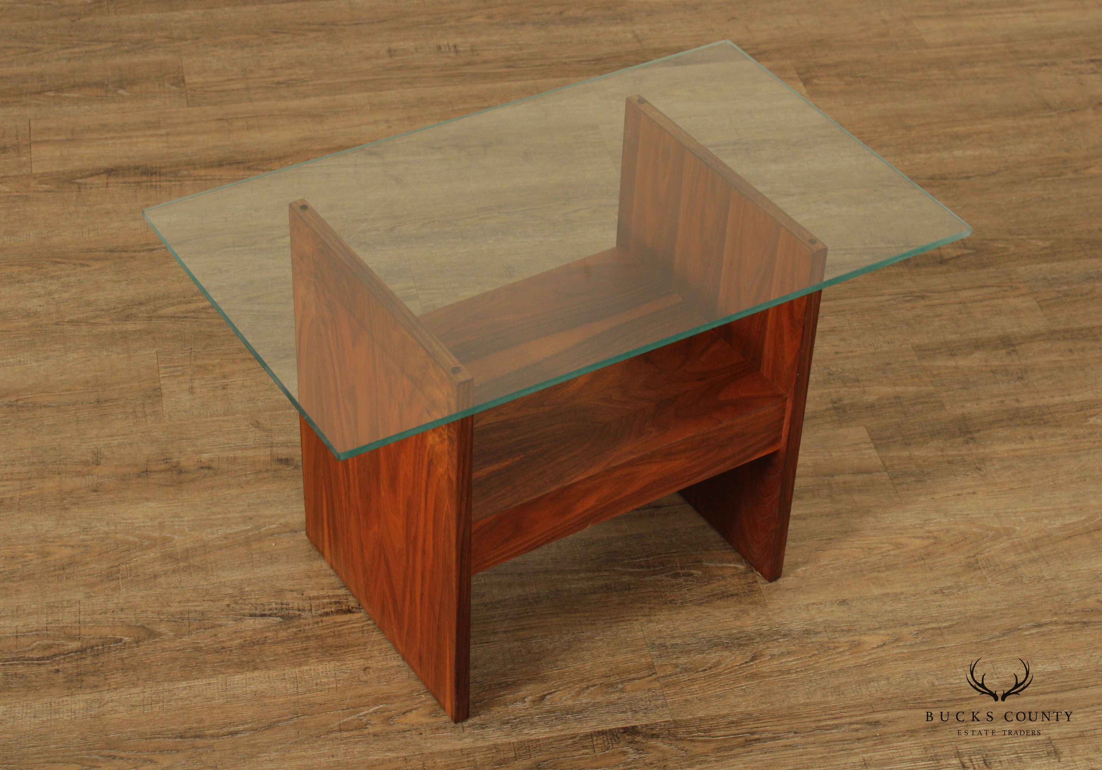 Mid Century Modern Walnut Glass Top Side Table