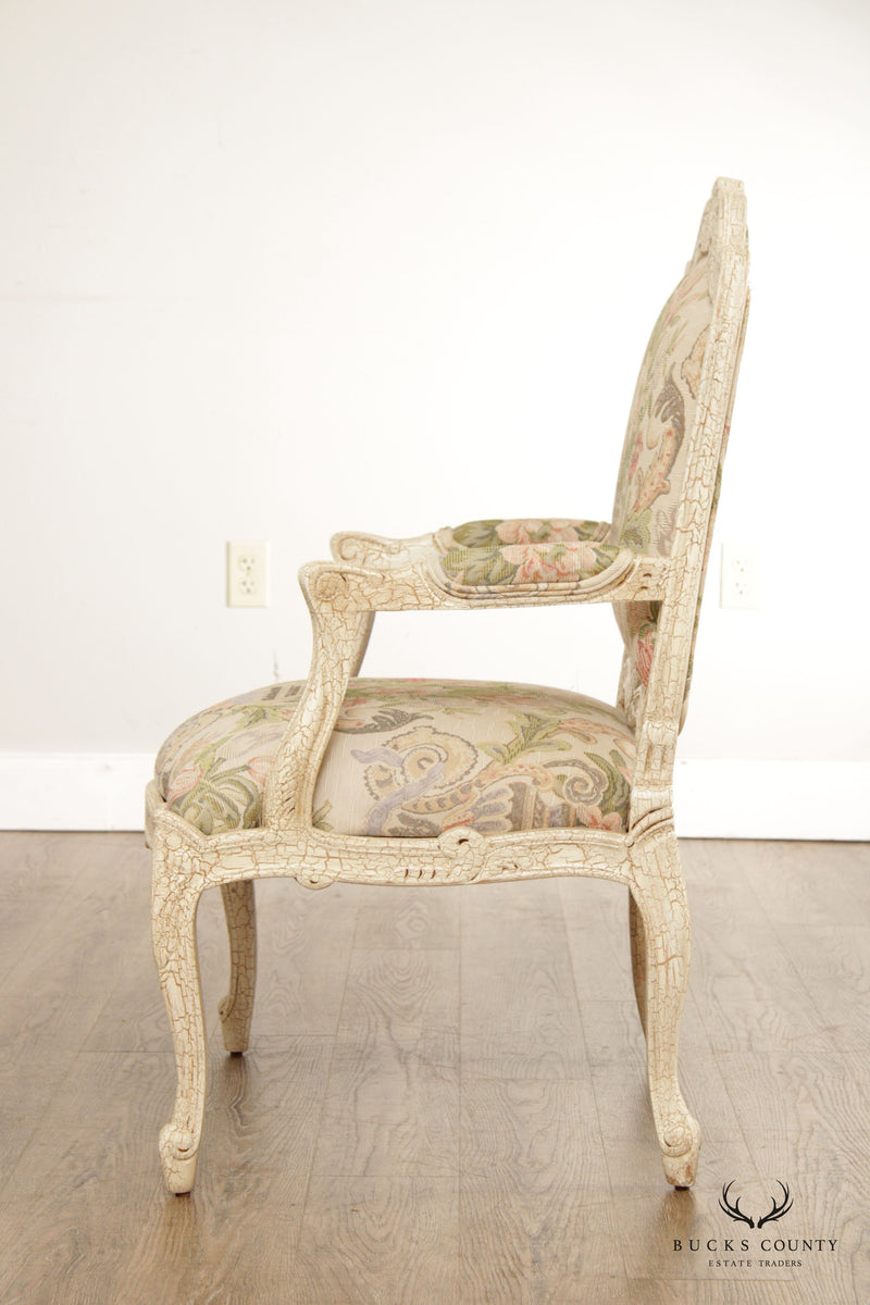 French Louis XV Style Crackle Painted Fauteuil Armchair