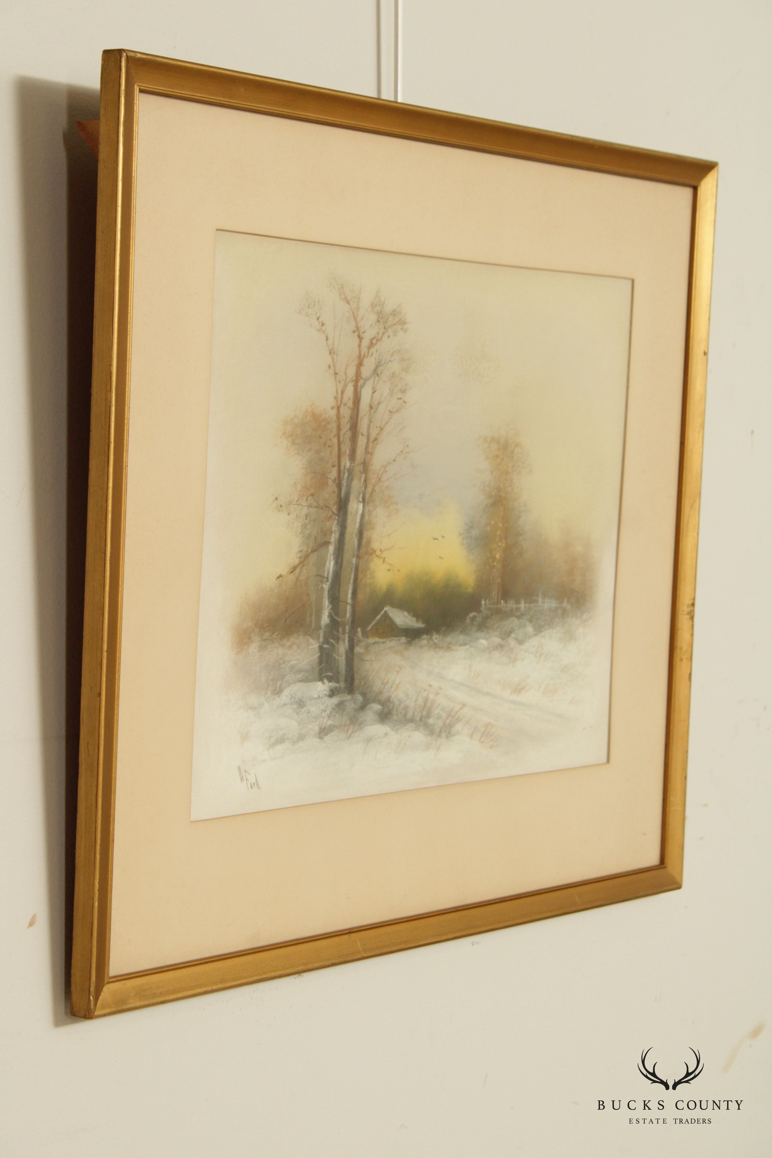 American 20th C. Farmhouse Landscape Pastel Drawing, Signed