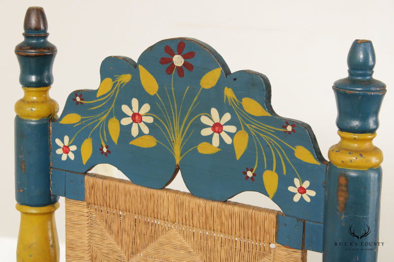 Vintage Mexican Folk Art Painted Rush Side Chair