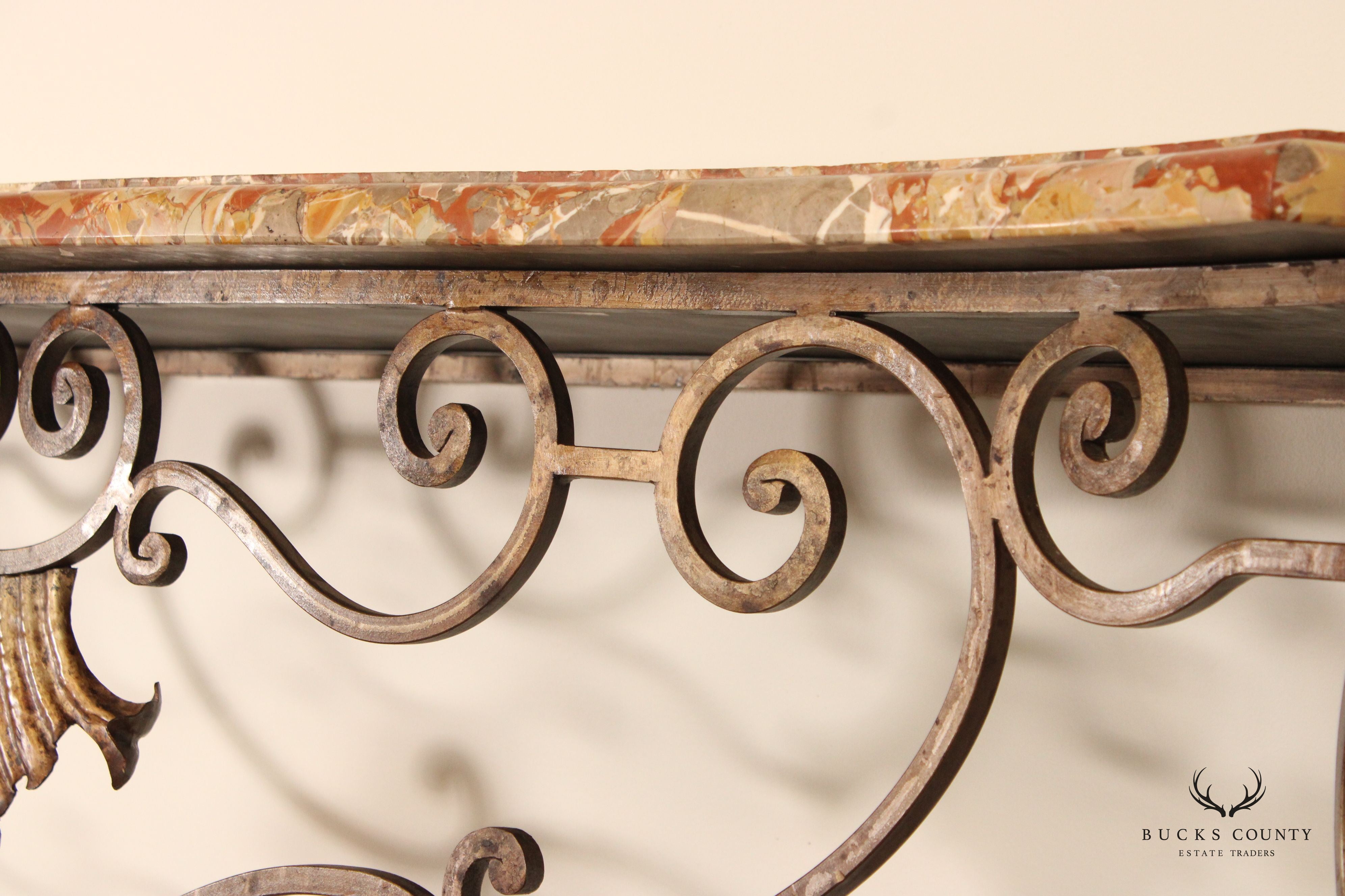 Rococo Style Custom Wrought Iron Marble Top Console Table