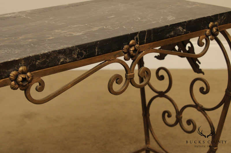 1920's Antique Art Deco Wrought Iron Base Marble Top Side Table